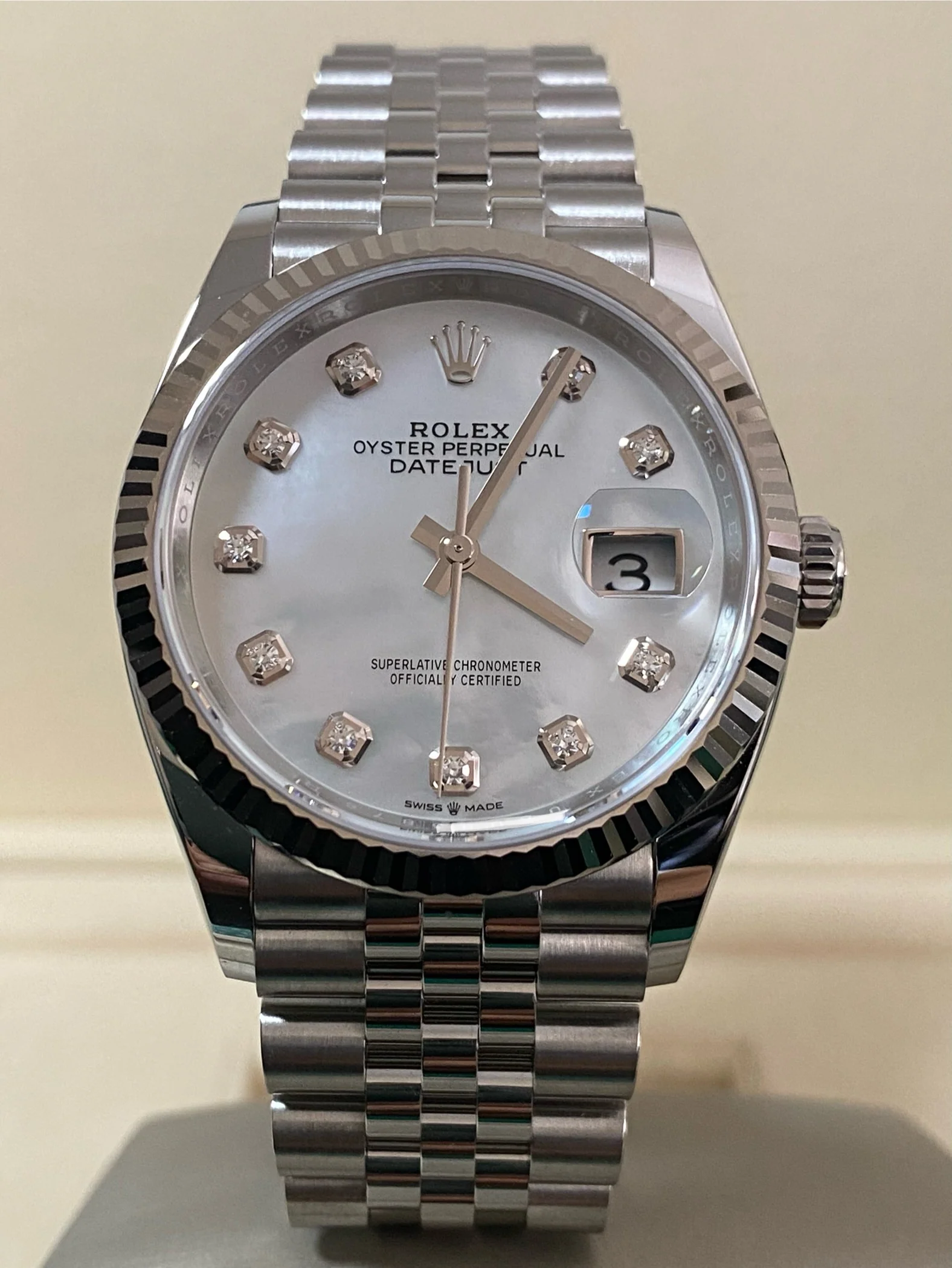 Rolex Steel Datejust 36 - 2024 - Fluted Bezel - Mother-of-Pearl Diamond Dial - Jubilee Bracelet - 126234 *FULL SET*