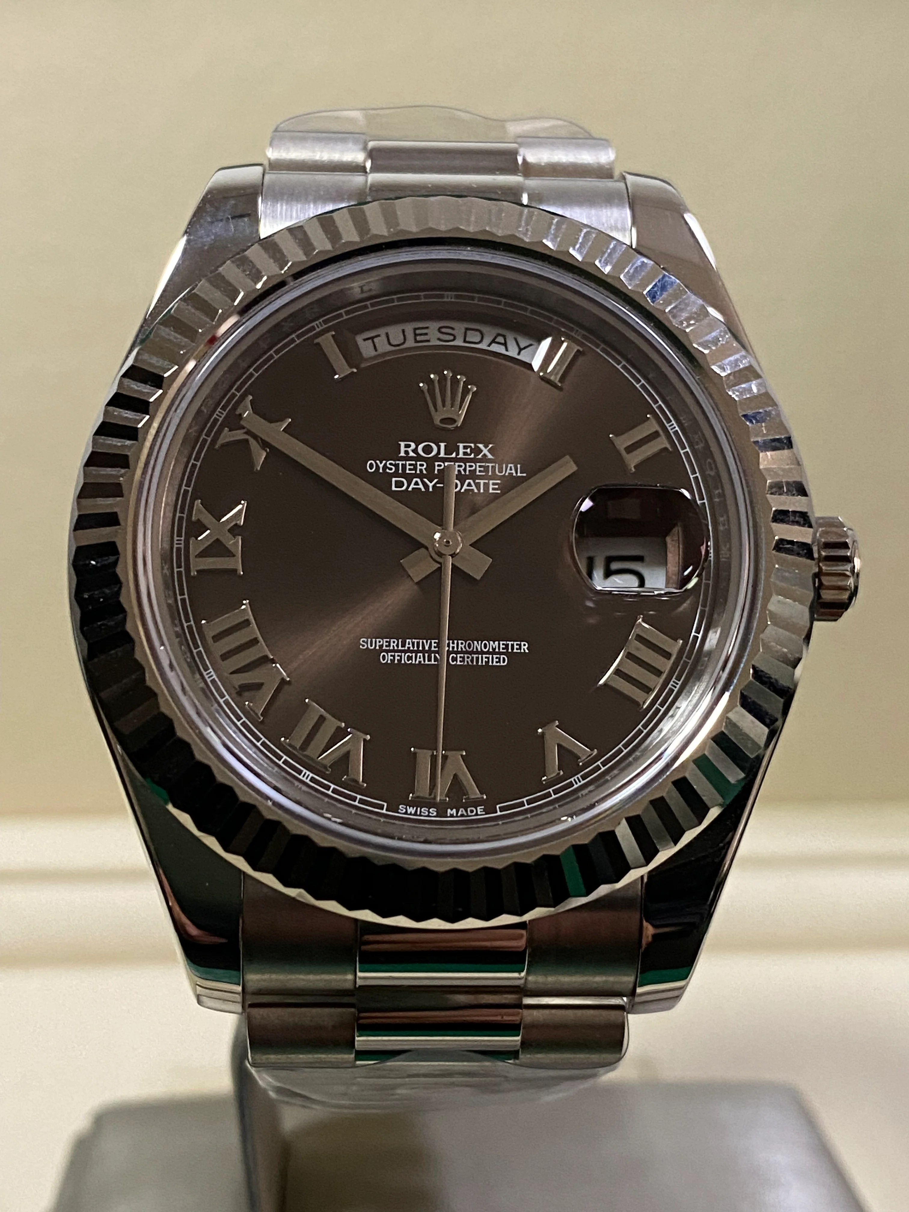 Rolex White Gold Day-Date II - 2018 - Fluted Bezel - Chocolate Roman Dial - President Bracelet - 218239