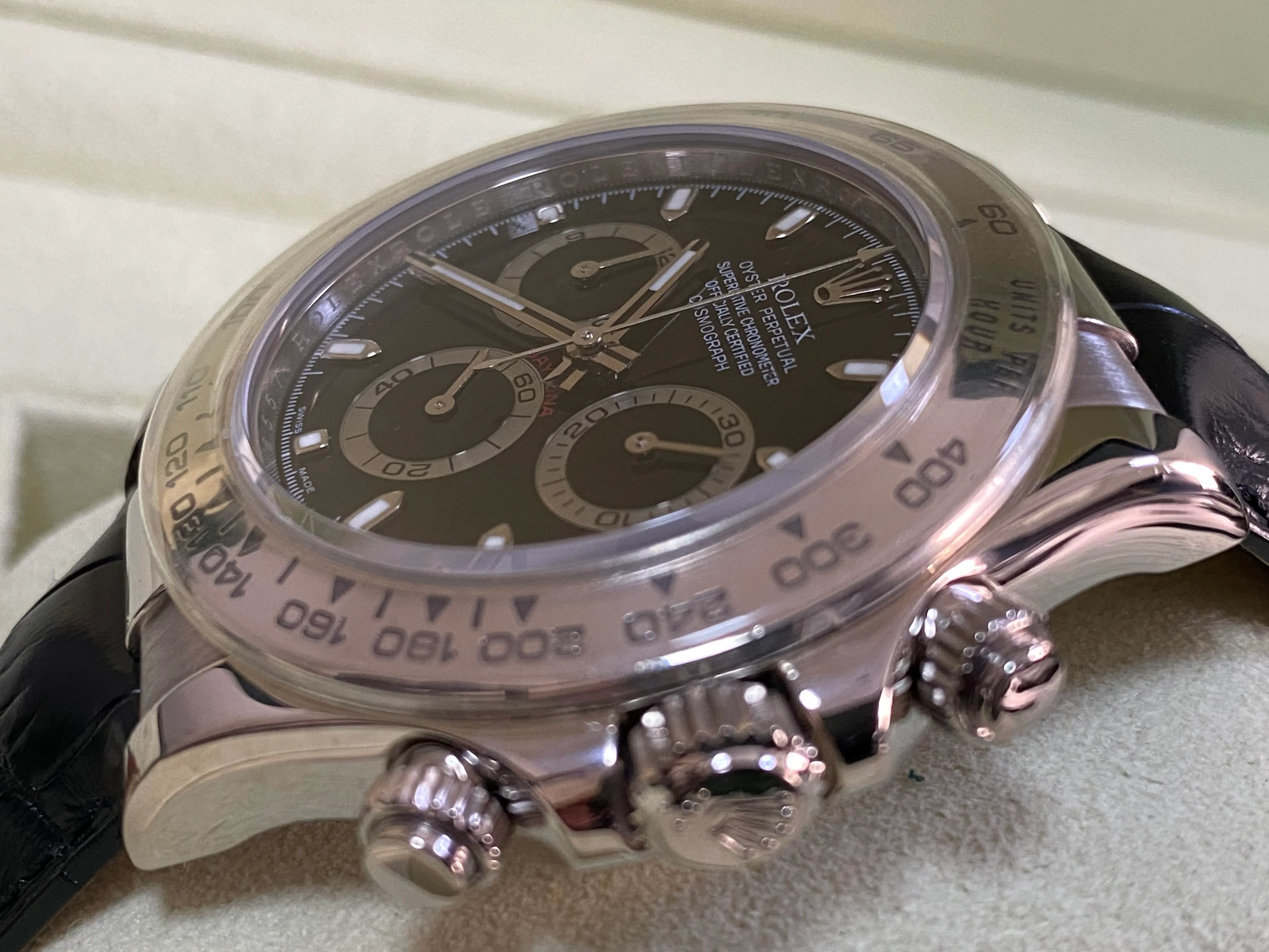 Rolex White Gold Cosmograph Daytona - 2007 - Black Dial - New Black Leather Strap - 116519 FULL SET