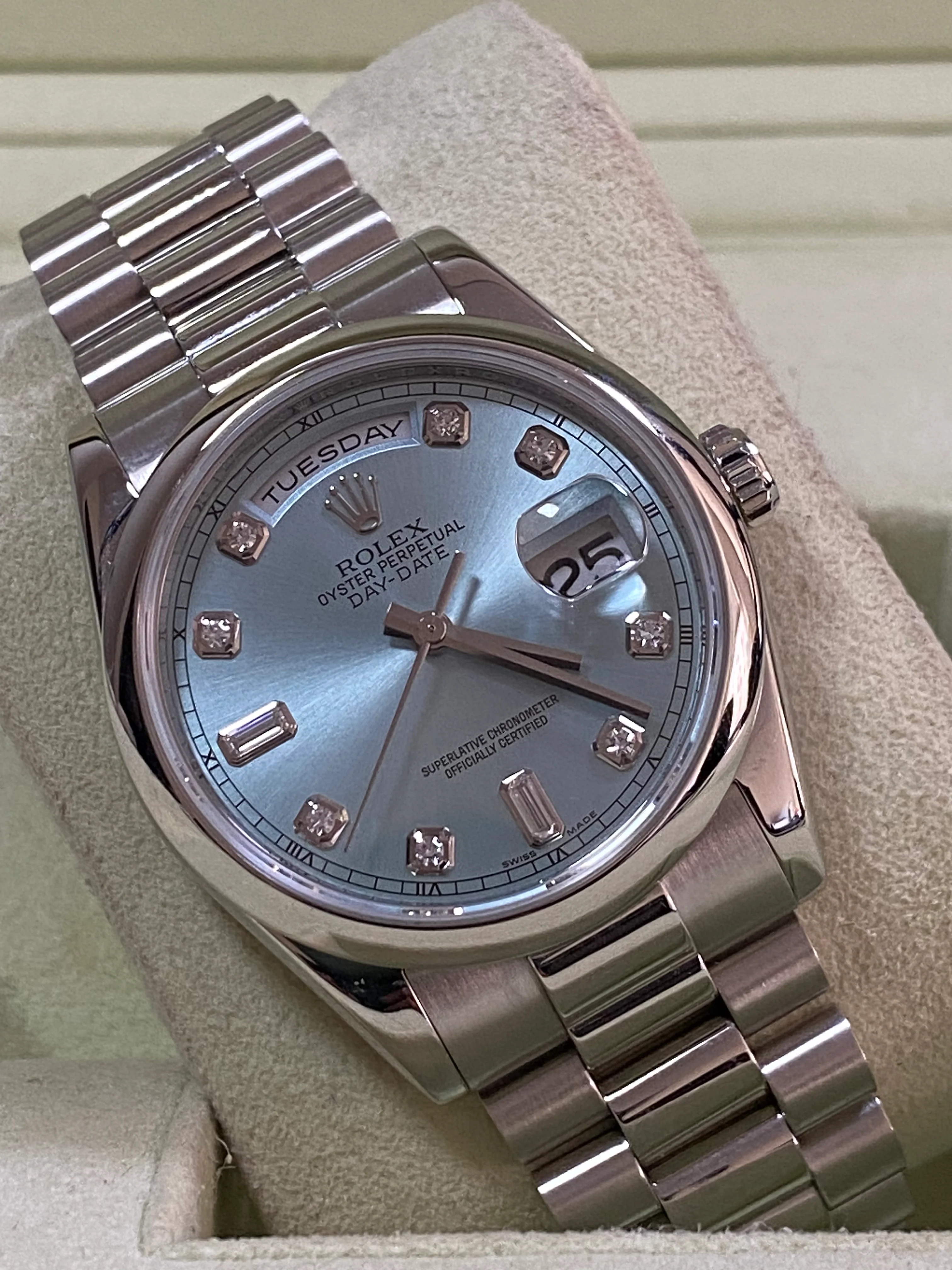 Rolex Platinum Day-Date 36 - M Serial - Domed Bezel - Ice Blue Diamond Dial - President Bracelet - 118206