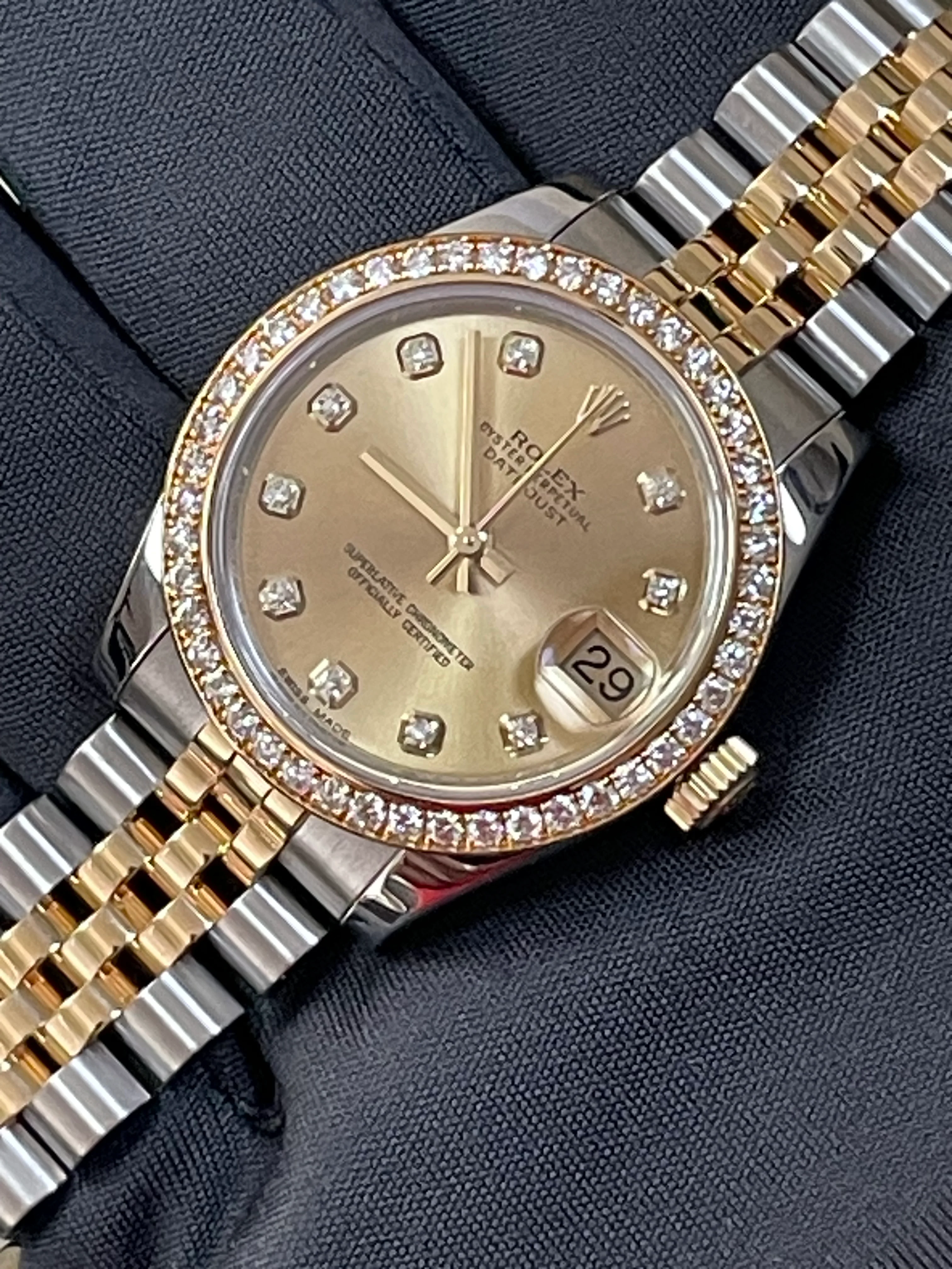 Rolex Steel and Yellow Gold Datejust 31 - G serial - 46 Diamond Bezel - Champagne Diamond Dial - Jubilee Bracelet - 178383