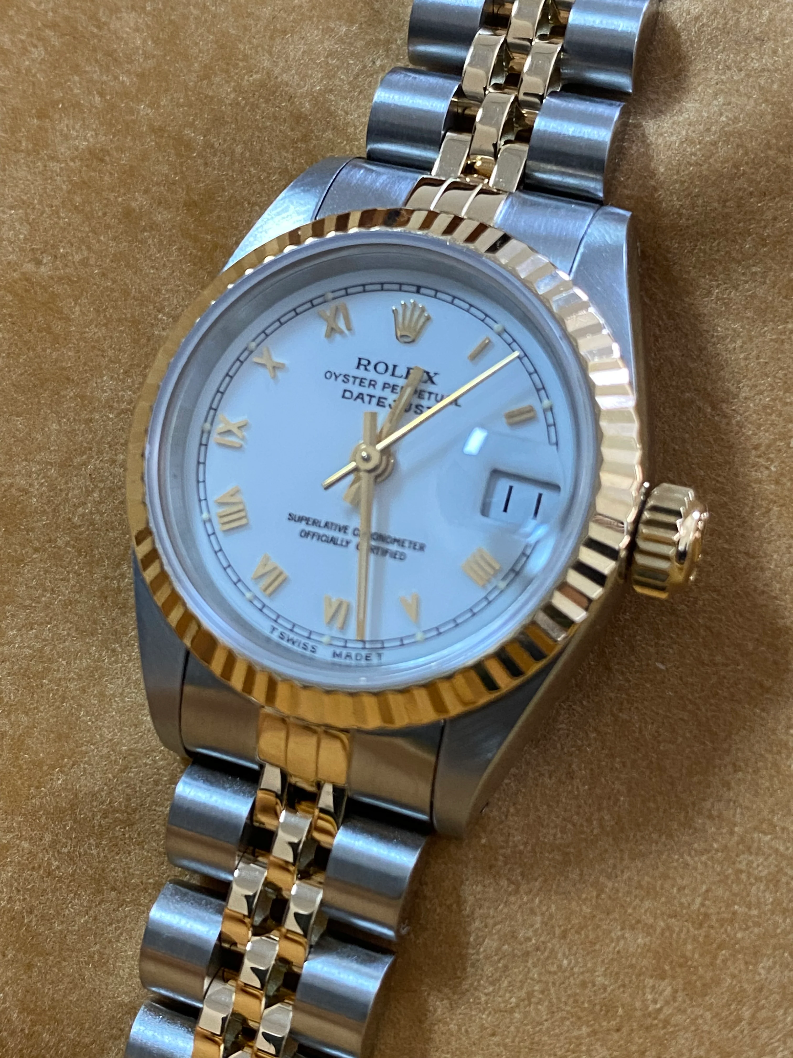 Rolex Steel and Yellow Gold Lady-Datejust - X serial - Fluted Bezel - White Roman Dial - Jubilee Bracelet - 69173 *COMPLETE SET*