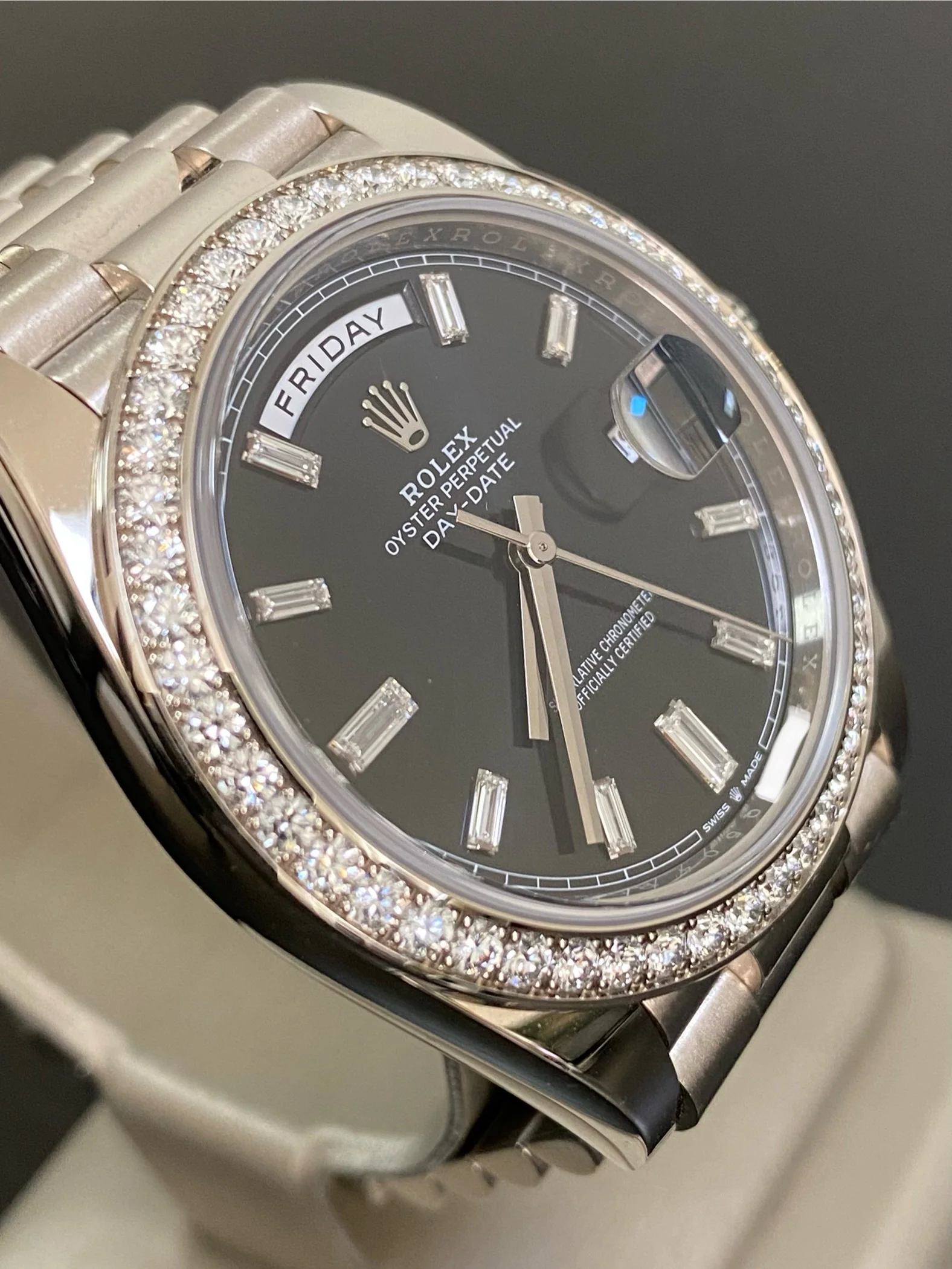 Rolex White Gold Day-Date 40 - 2023 - Diamond-Set Bezel - Black Baguette Dial - President Bracelet - 228349RBR