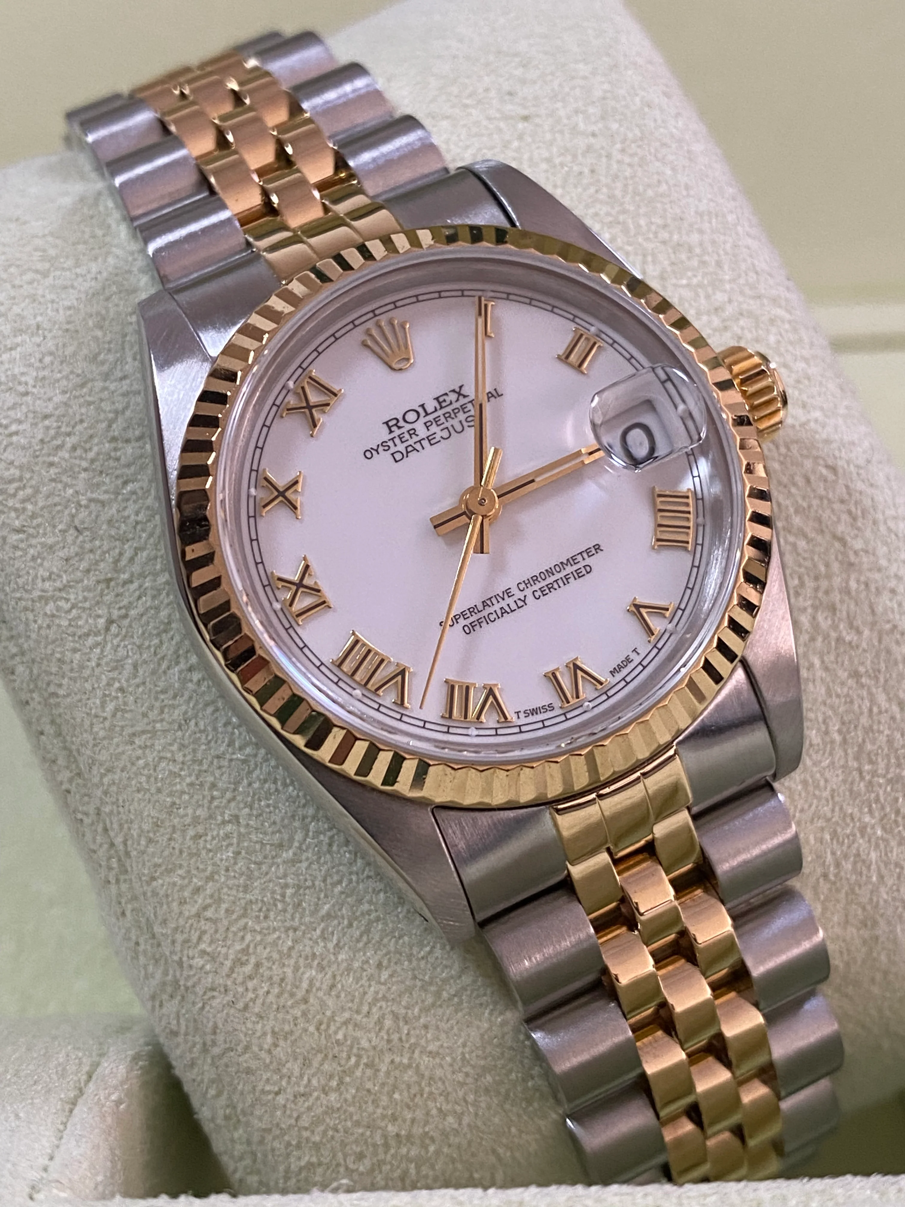 Rolex Steel and Yellow Gold Datejust 31 - N Serial - Fluted Bezel - White Roman Dial - Jubilee Bracelet - 68273