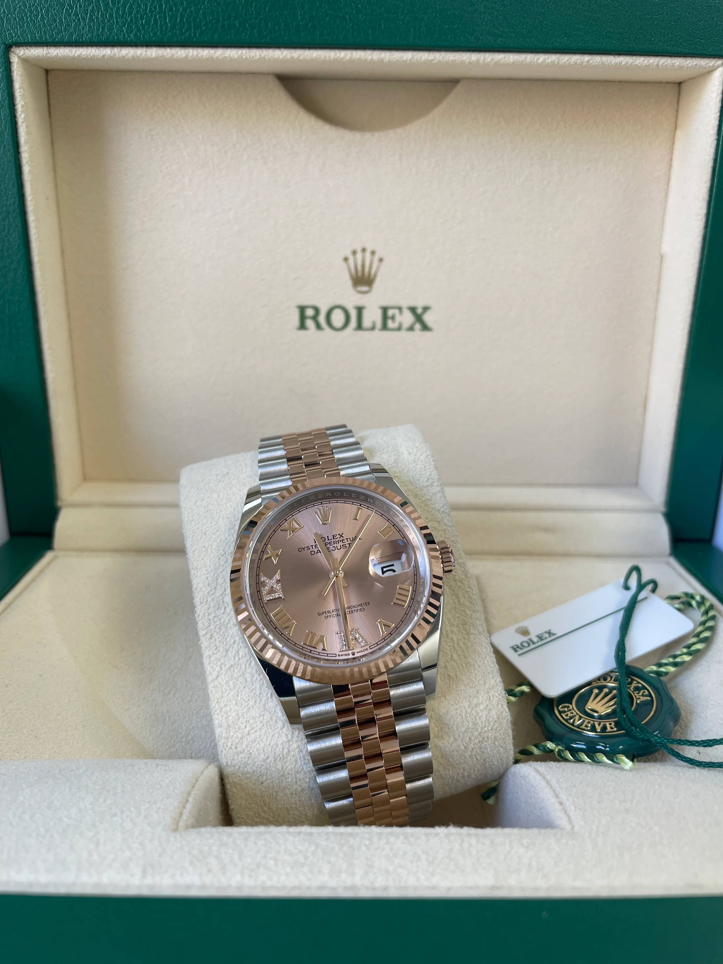 Rolex Steel and Everose Gold Datejust 36 - 2022 - Fluted Bezel - Rose Colour Diamond Set Dial - Jubilee Bracelet - 126231