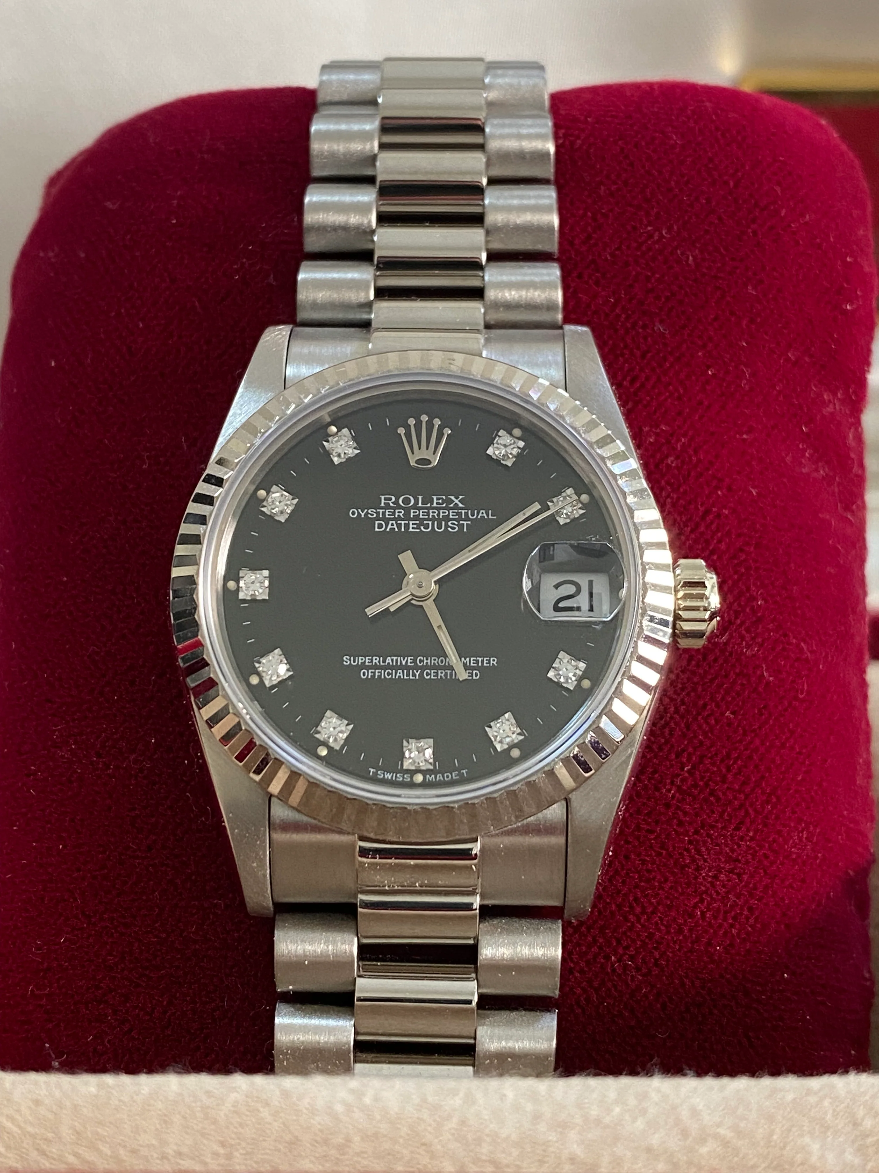Rolex White Gold Datejust 31 - L Serial - Fluted Bezel - Black Diamond Dial - President Bracelet - 68279
