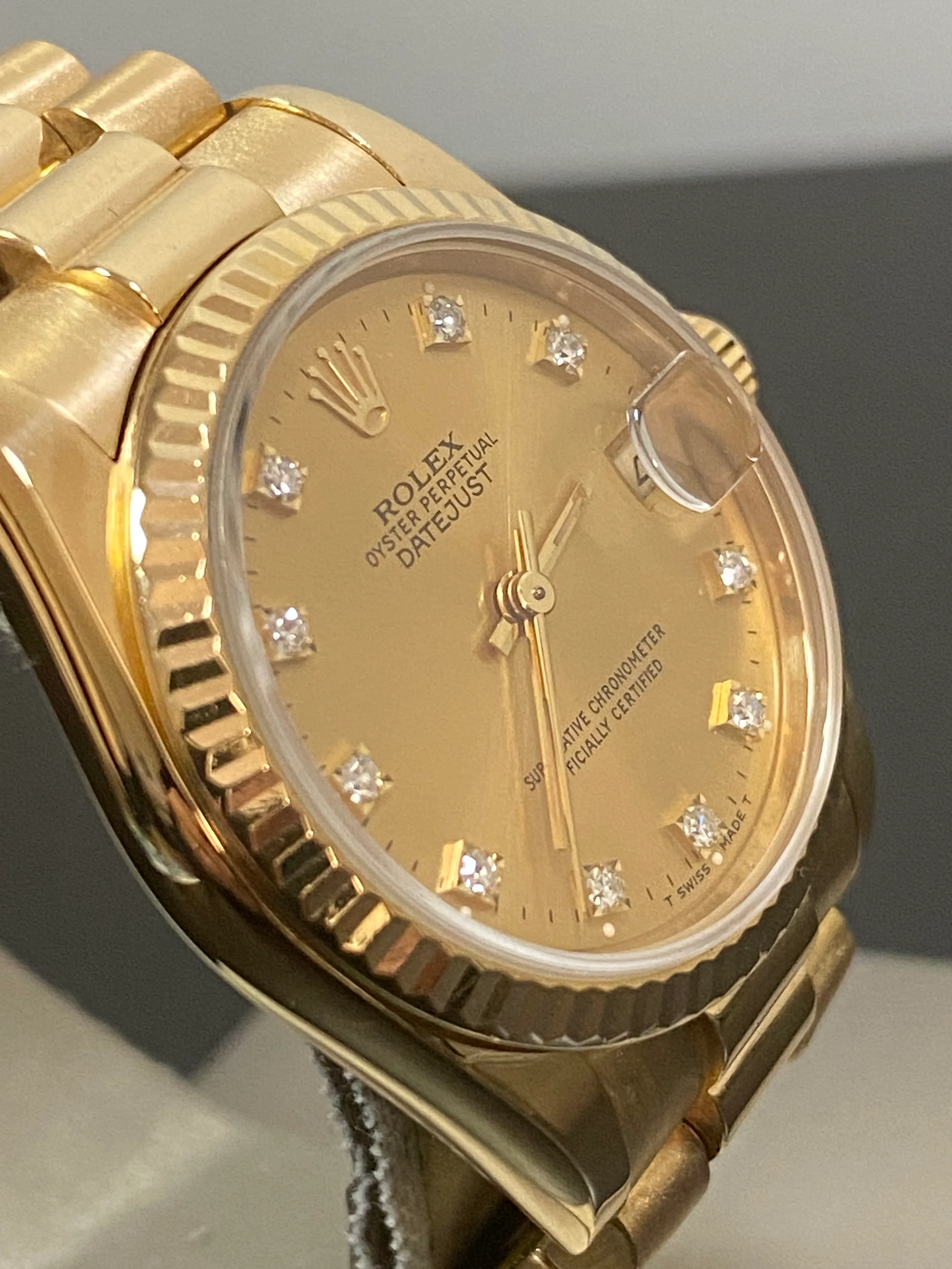 Rolex Yellow Gold Datejust 31 - N Serial - Fluted Bezel - Factory Diamond Dial - President Bracelet - 68278