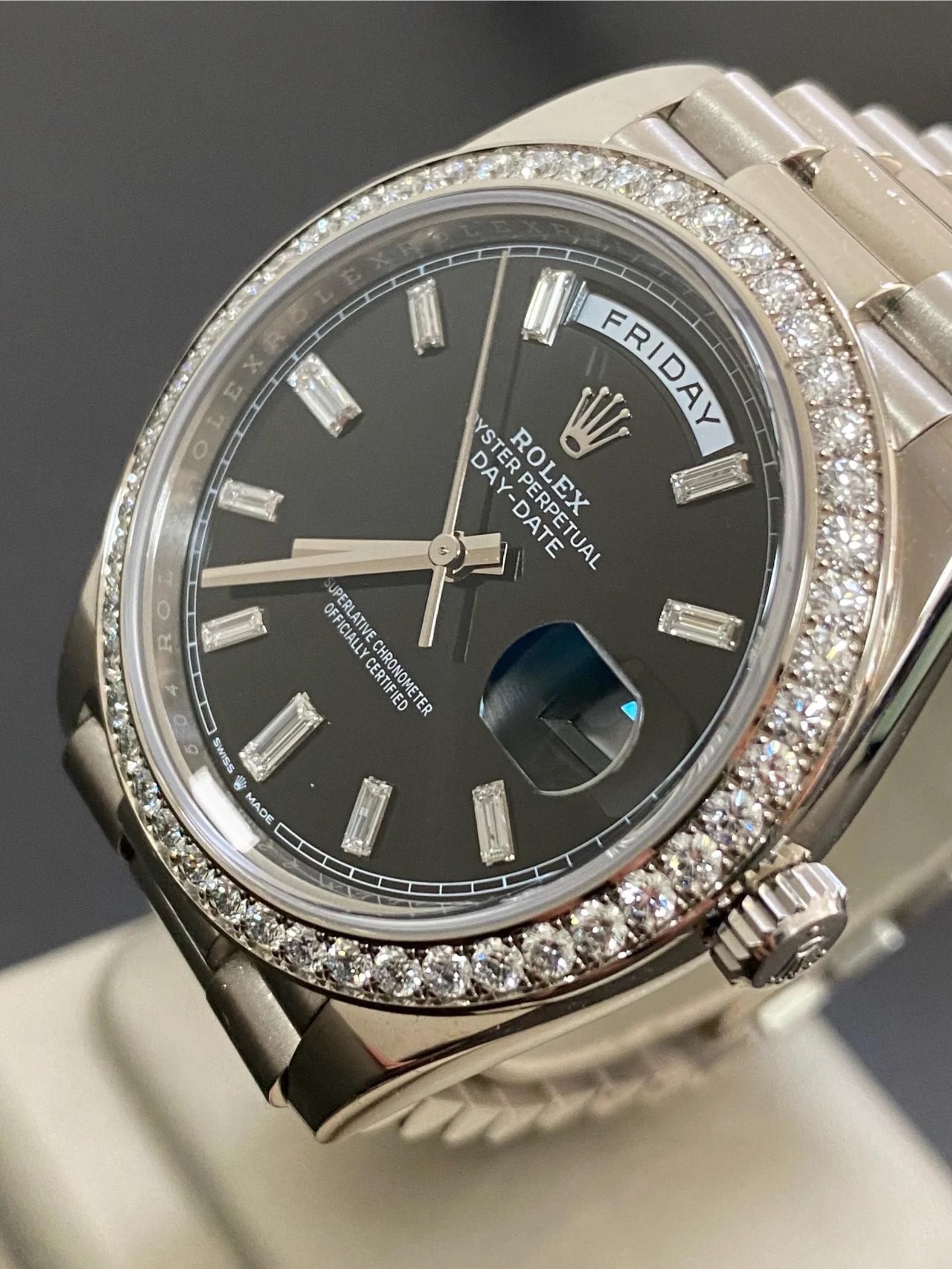Rolex White Gold Day-Date 40 - 2023 - Diamond-Set Bezel - Black Baguette Dial - President Bracelet - 228349RBR