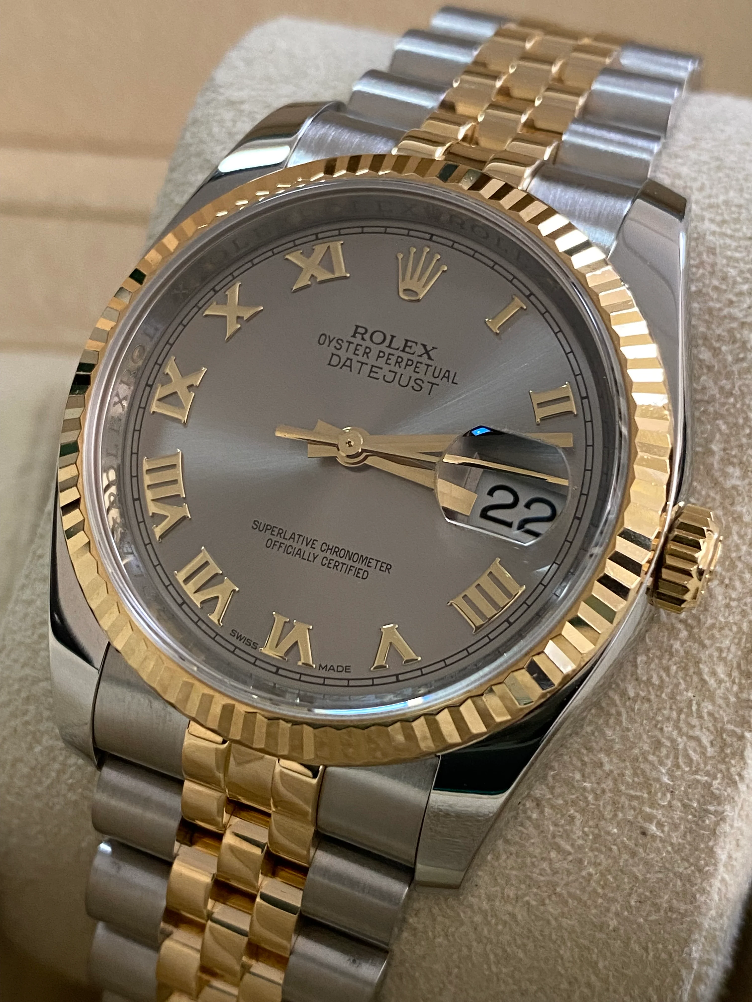 Rolex Steel and Yellow Gold Datejust 36 - 2014 - Fluted Bezel - Slate Grey Roman Dial - Jubilee Bracelet - 116233 *FULL SET*