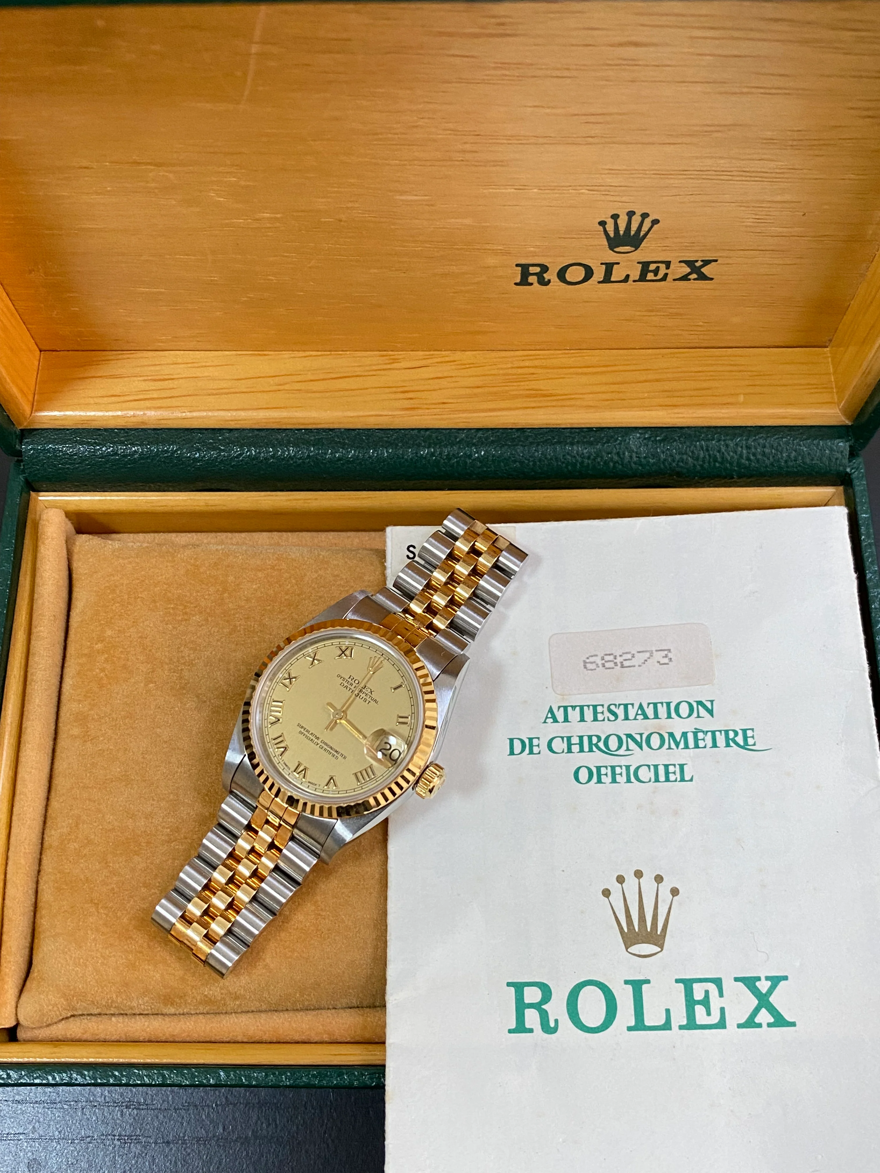 Rolex Steel and Yellow Gold Datejust 31 - S Serial - Fluted Bezel - Champagne Roman Dial - Jubilee Bracelet - 68273