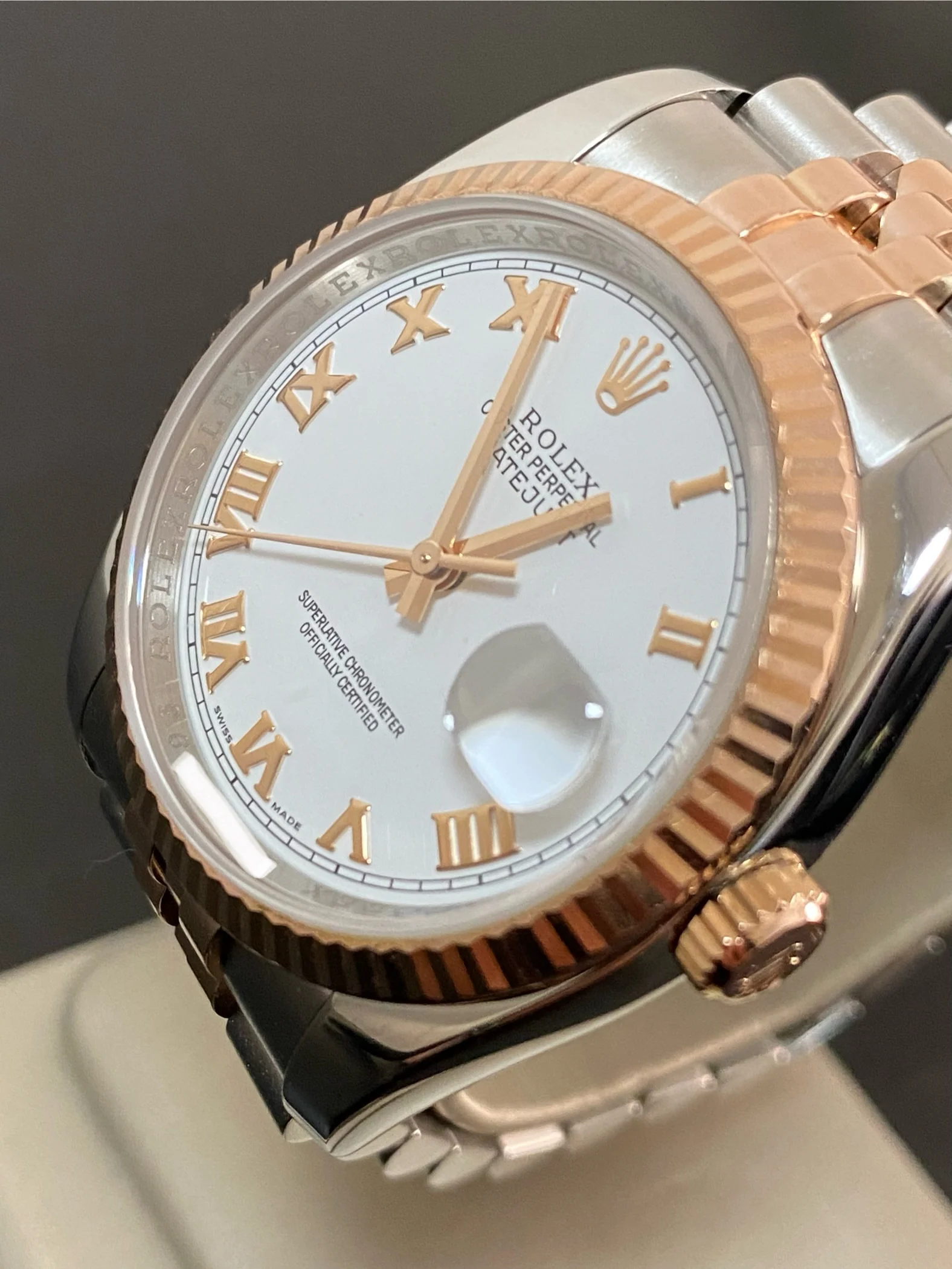 Rolex Steel and Everose Gold Datejust 36 - Z serial - Fluted Bezel - White Roman Dial - Jubilee Bracelet - 116231