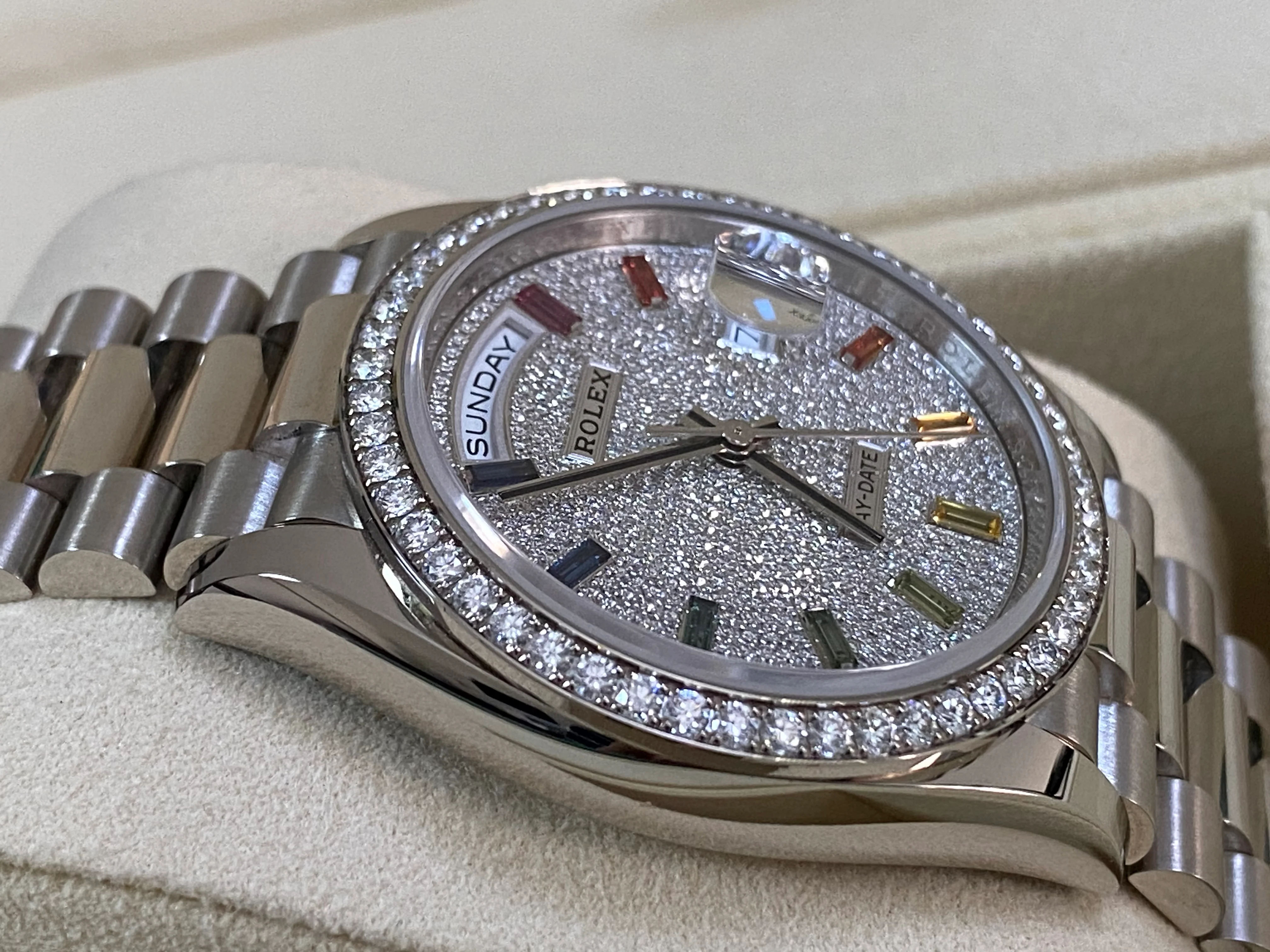 Rolex White Gold Day-Date 36 - 2024 - Diamond Bezel - Diamond Paved Rainbow Sapphire Dial - President Bracelet - 128349RBR *FULL SET*