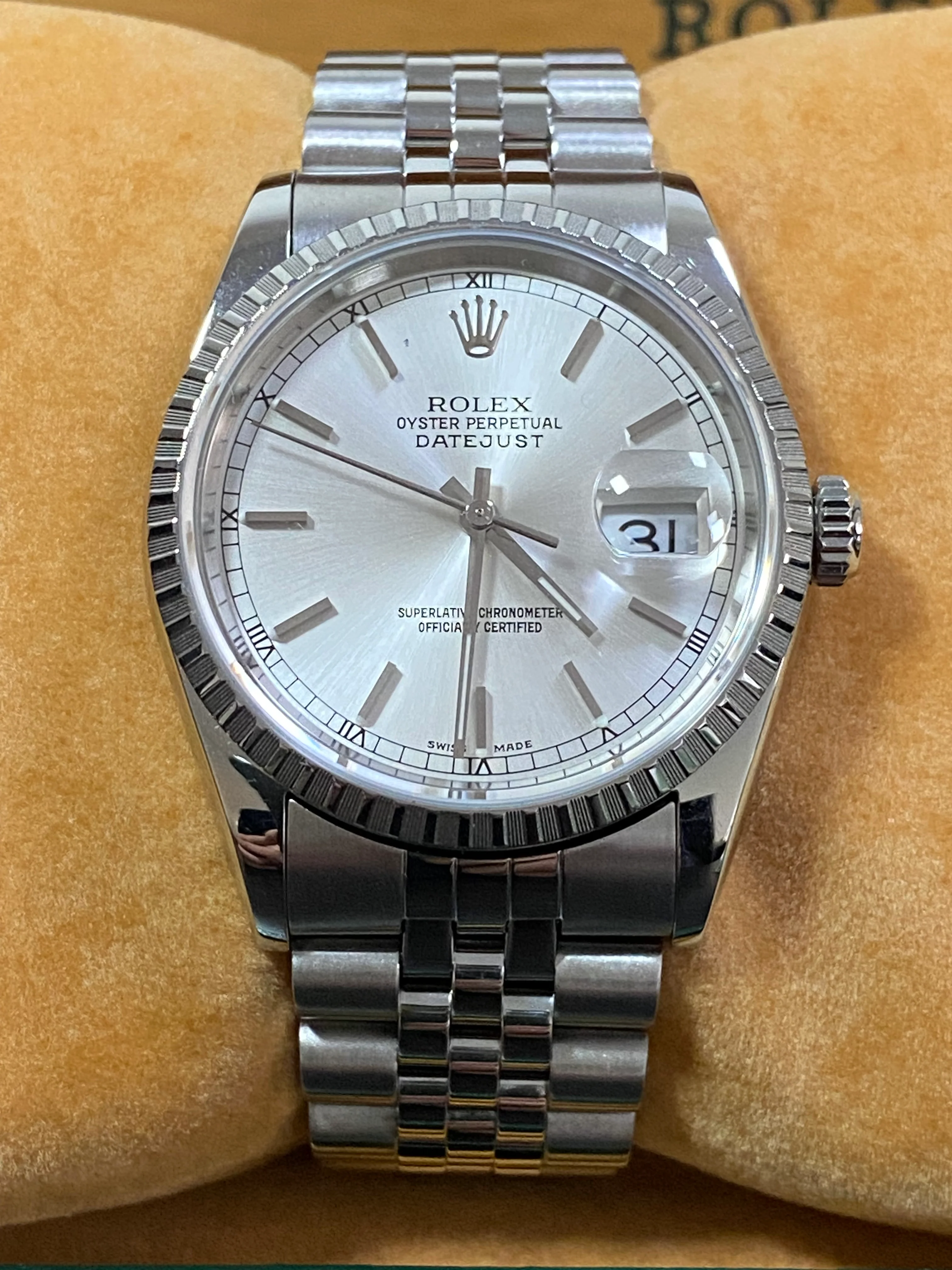 Rolex Steel Datejust 36 - F Serial - Fluted Bezel - Silver Index Dial - Jubilee Bracelet - 16220