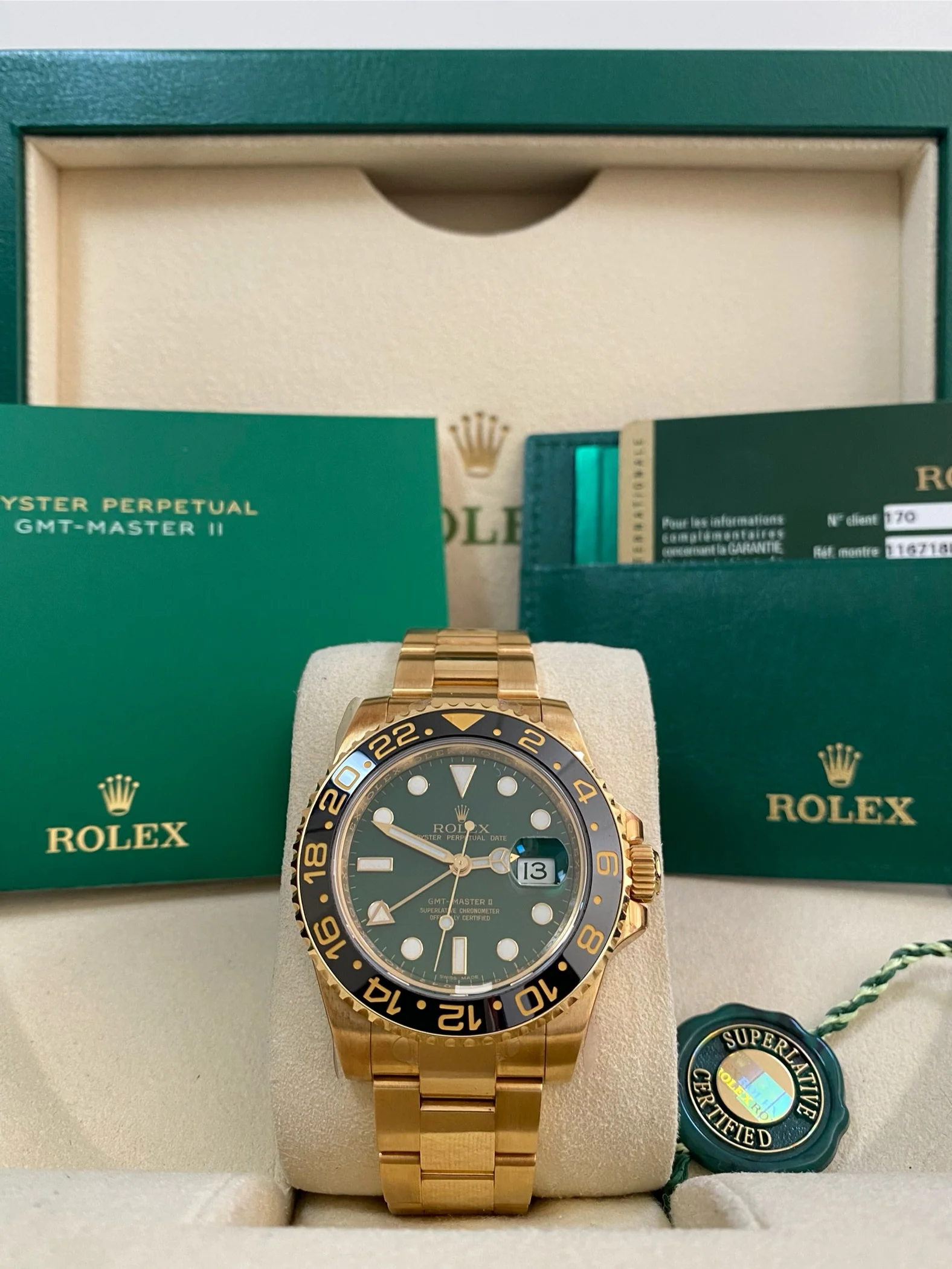 Rolex Yellow Gold GMT-Master II - G serial - Black Bezel - Anniversary Green Dial - Oyster Bracelet - 116718LN *FULL STICKERS*