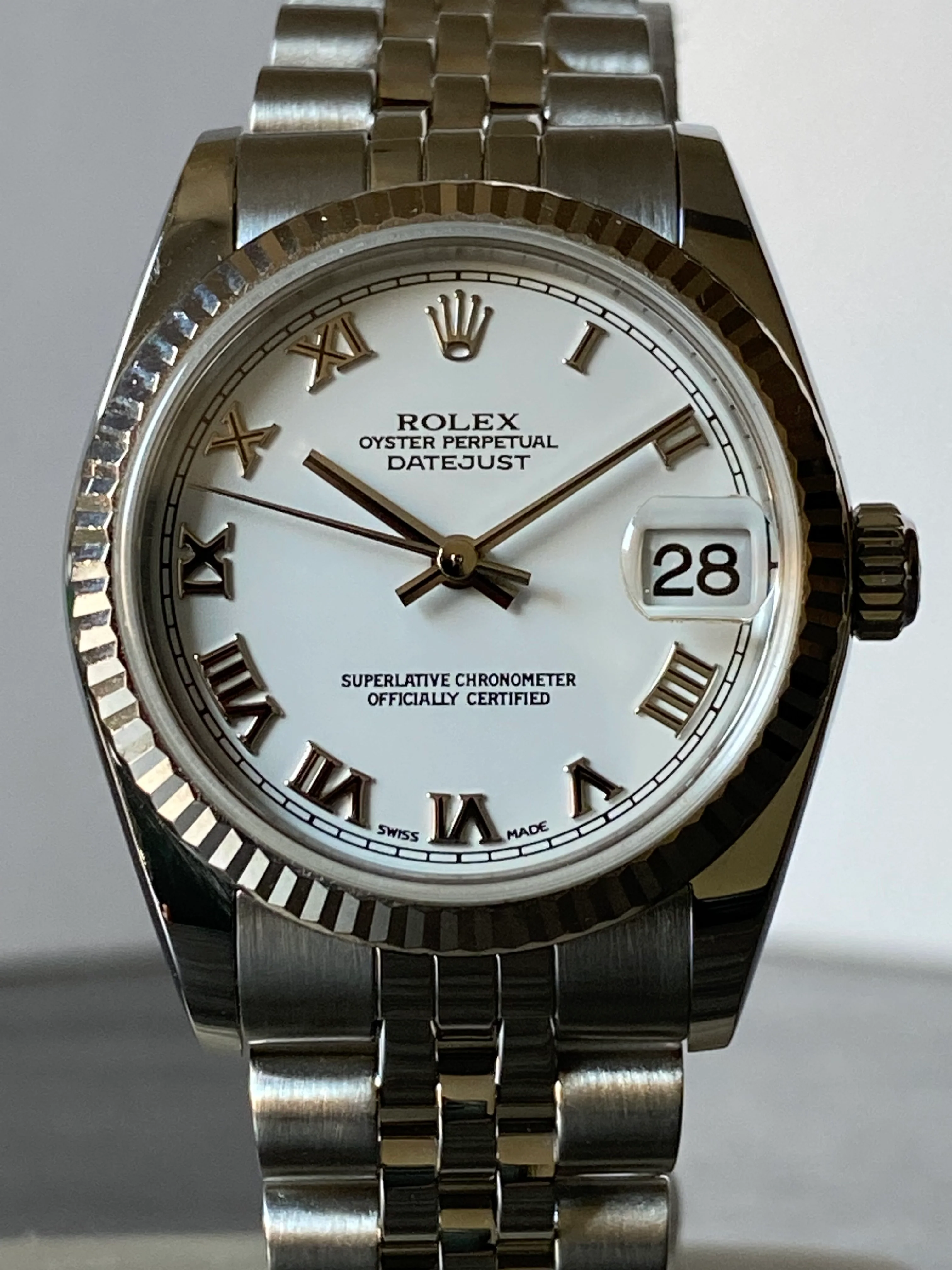 Rolex Steel White Gold Datejust 31 - F Serial - Fluted Bezel - White Roman Dial - Jubilee Bracelet - 78274