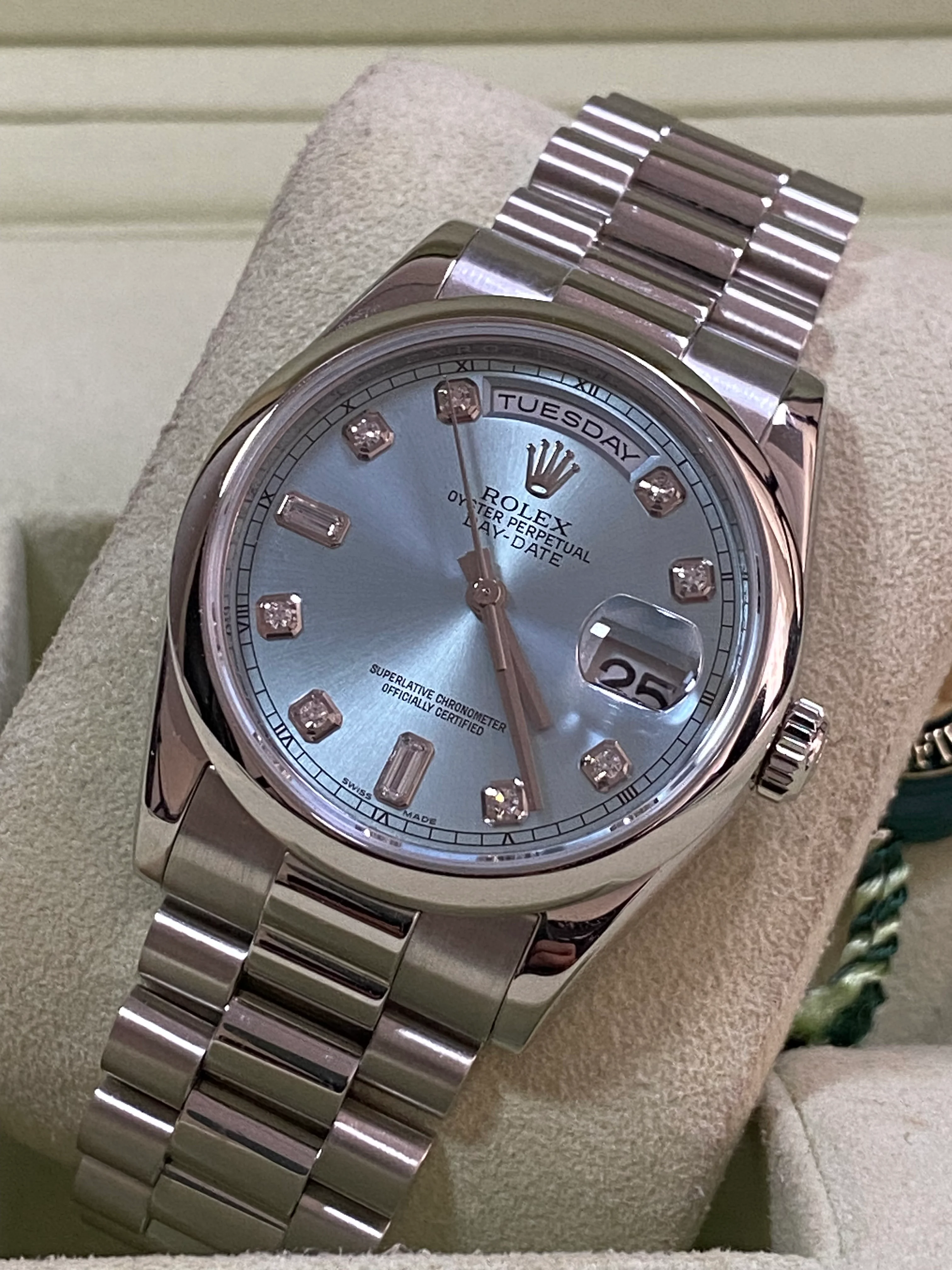 Rolex Platinum Day-Date 36 - M Serial - Domed Bezel - Ice Blue Diamond Dial - President Bracelet - 118206