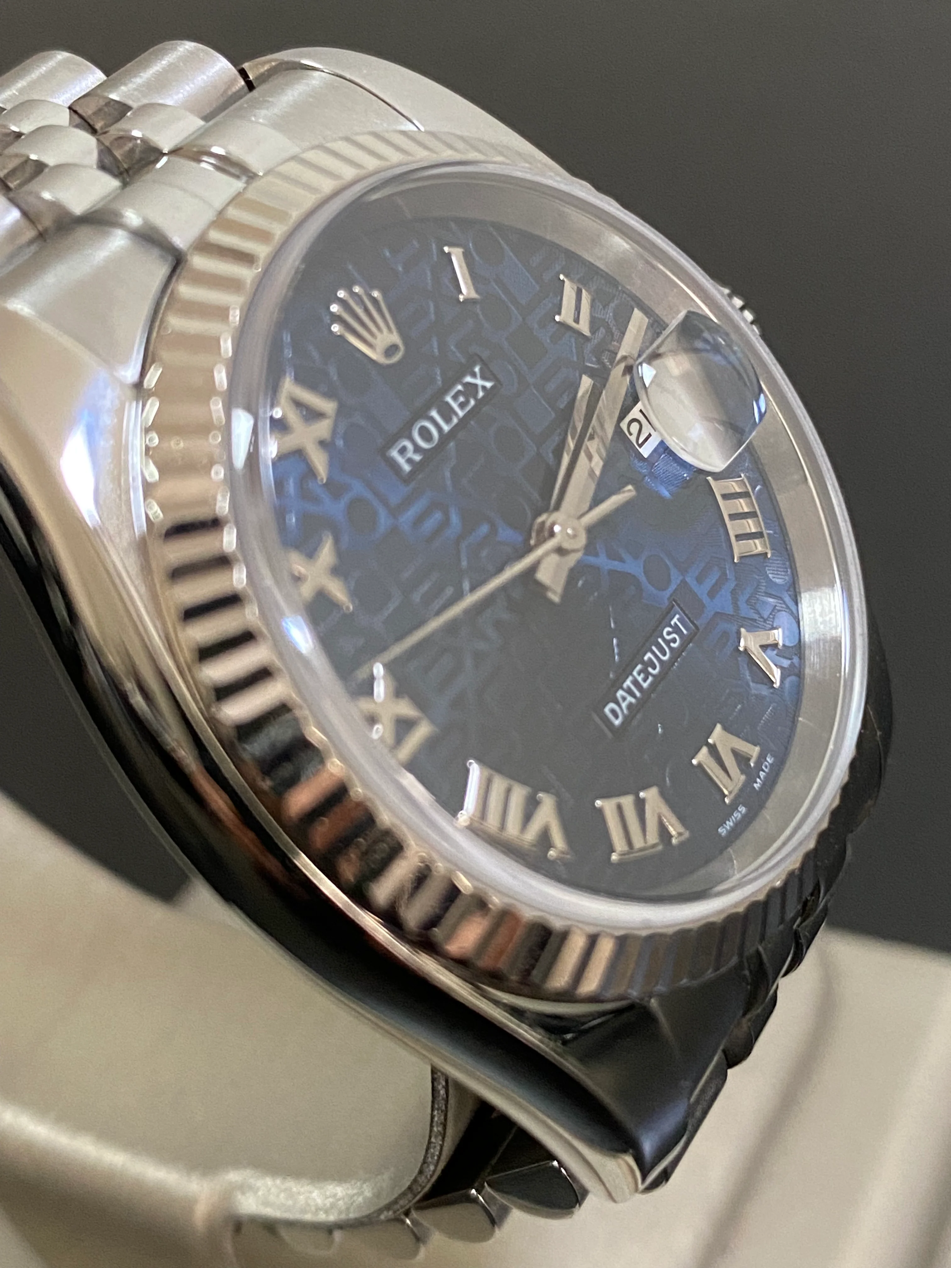 Rolex Steel Datejust 36 - D serial - Fluted Bezel - Anniversary Blue Roman Dial - Jubilee Bracelet - 116234