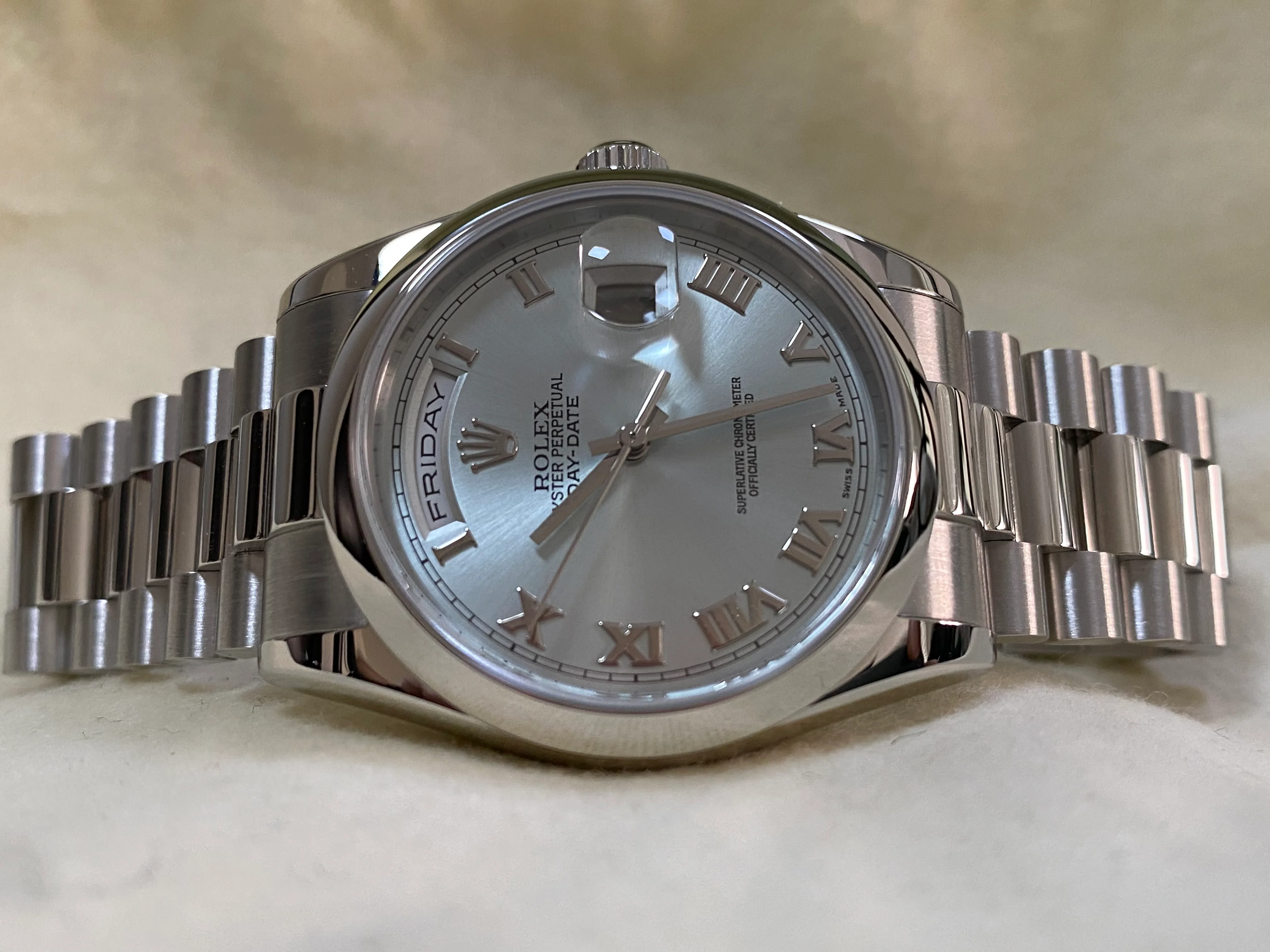 Rolex Platinum Day-Date 36 - K serial - Domed Bezel - Ice Blue Roman Dial - President Bracelet - 118206