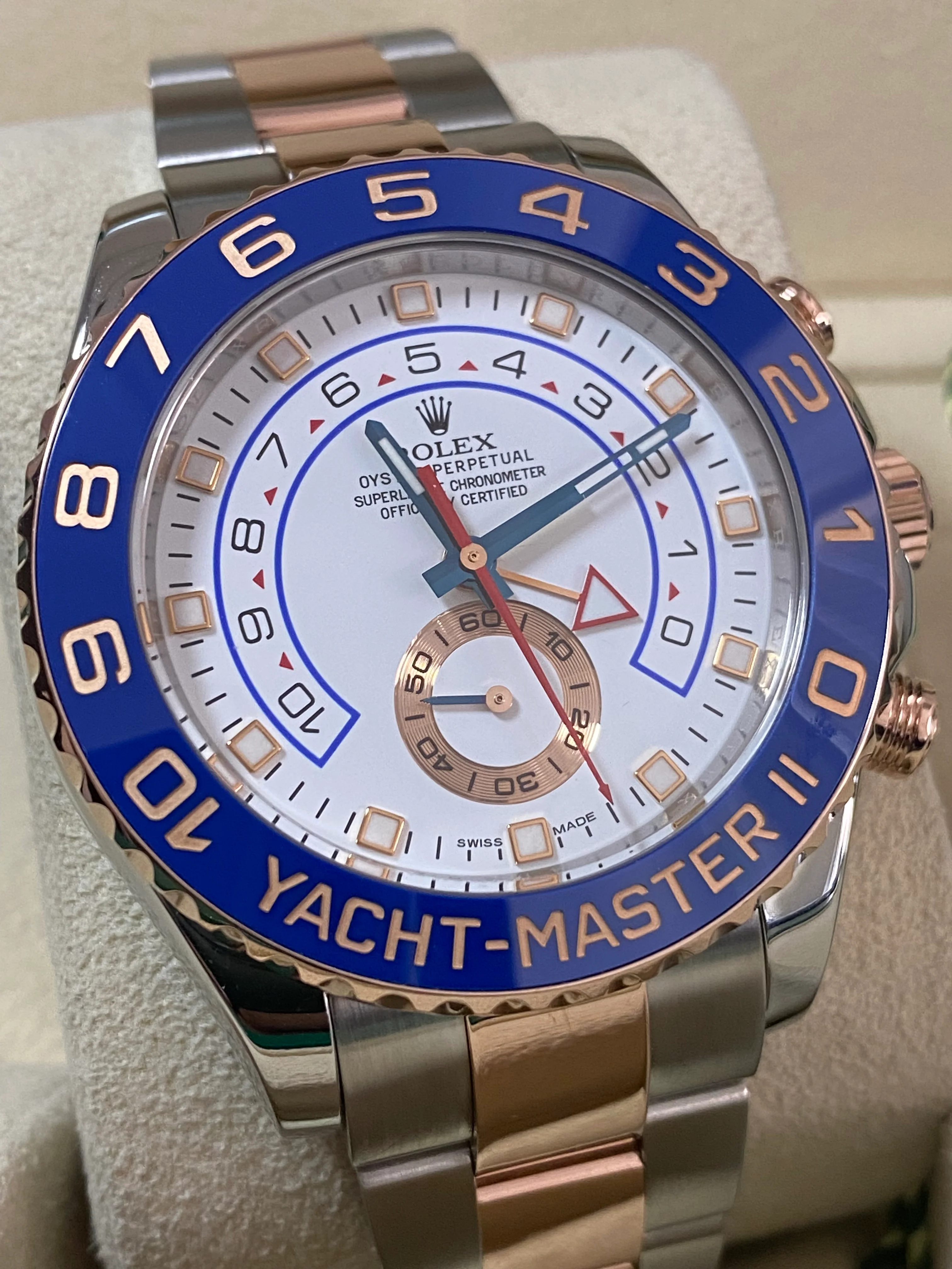 Rolex Steel and Everose Gold Yacht-Master II - 2016 - Ceramic Blue Bezel - White Dial - 116681 *FULL SET*