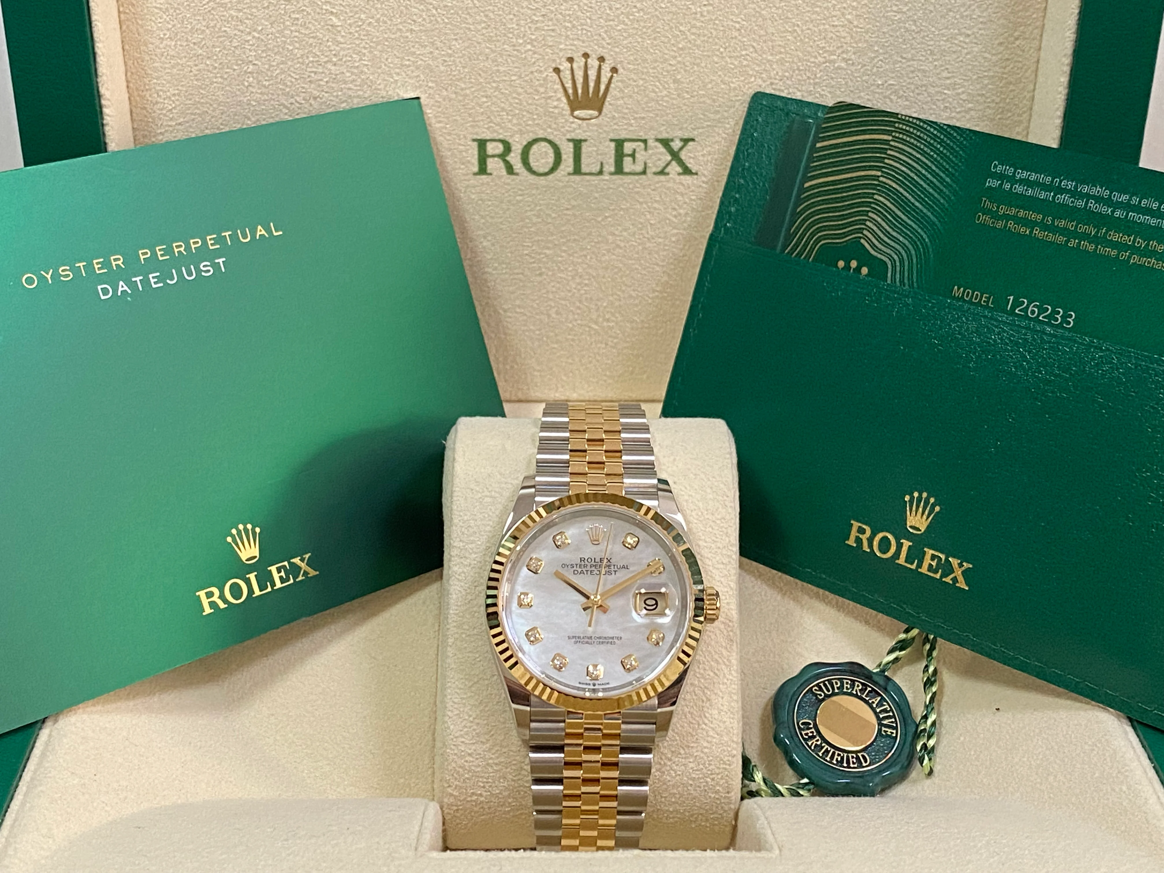Rolex Steel and Yellow Gold Datejust 36 - 2023 - Fluted Bezel - White Mother-Of-Pearl Diamond-Set Dial - Jubilee Bracelet - 126233