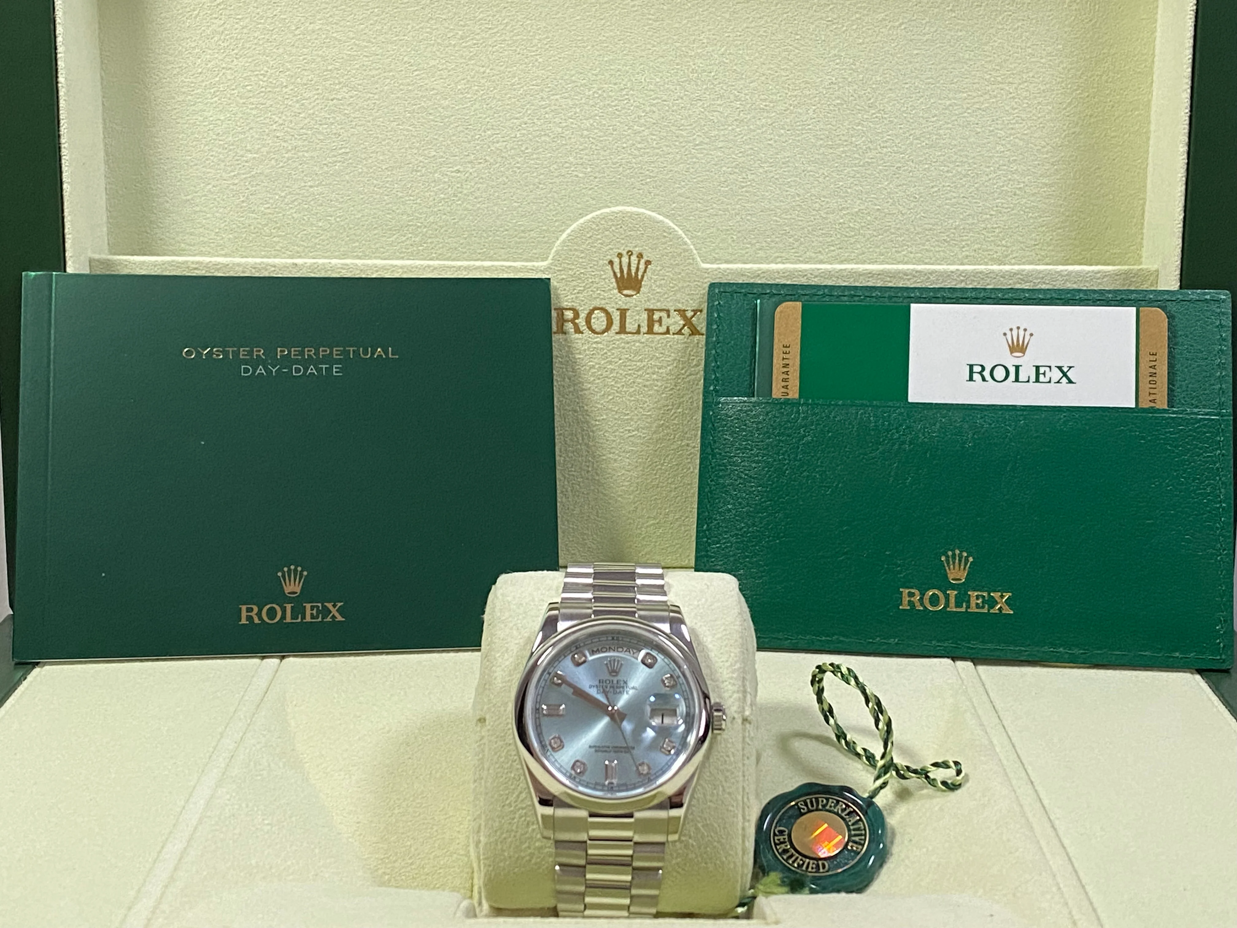 Rolex Platinum Day-Date 36 - G Serial - Domed Bezel - Ice Blue Diamond Dial - President Bracelet - 118206