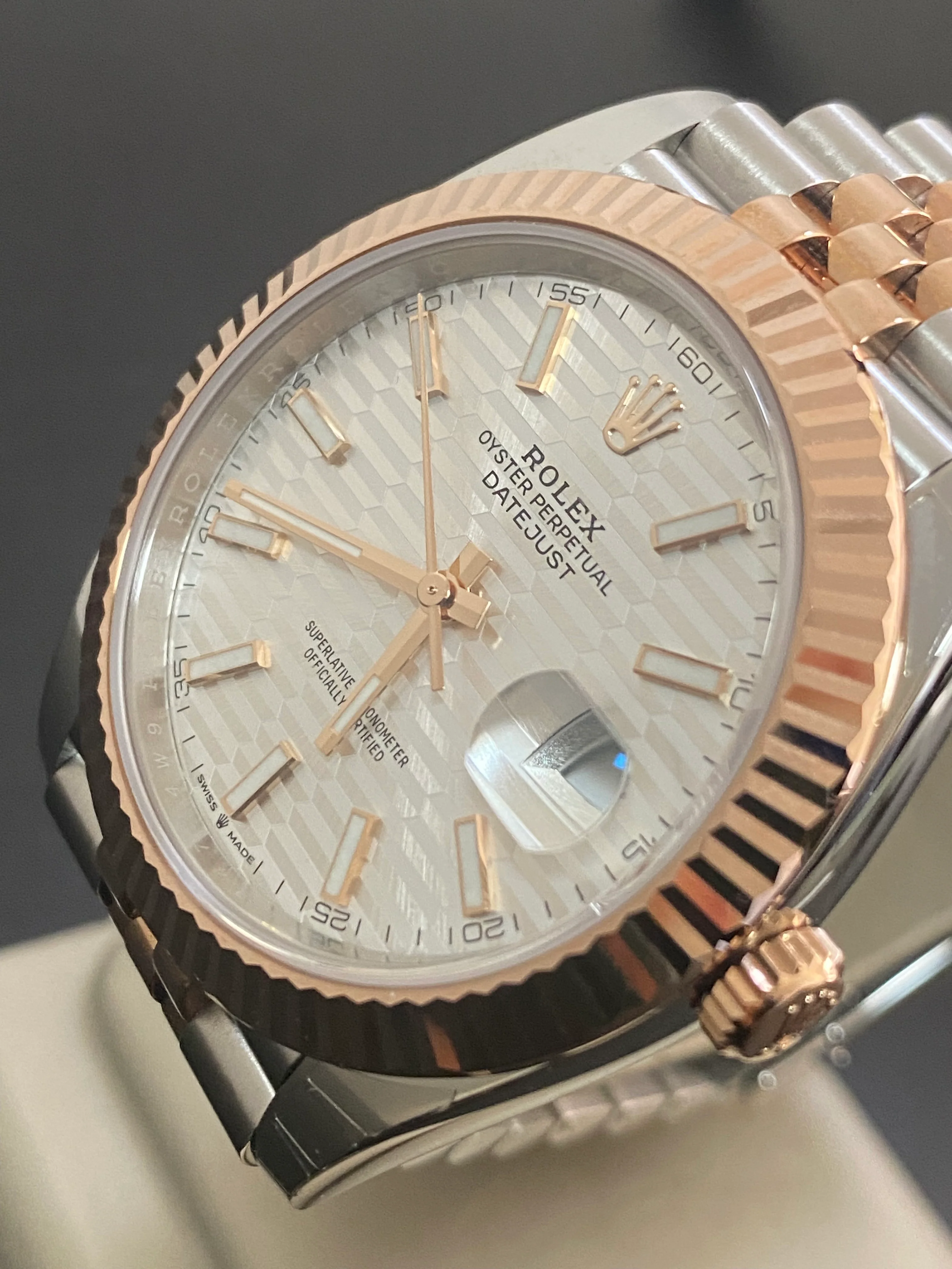 Rolex Steel and Everose Gold Datejust 41 - 2023 - Fluted Bezel - Silver Fluted-Motif Dial - Jubilee Bracelet - 126331 *PARTIAL STICKERS*