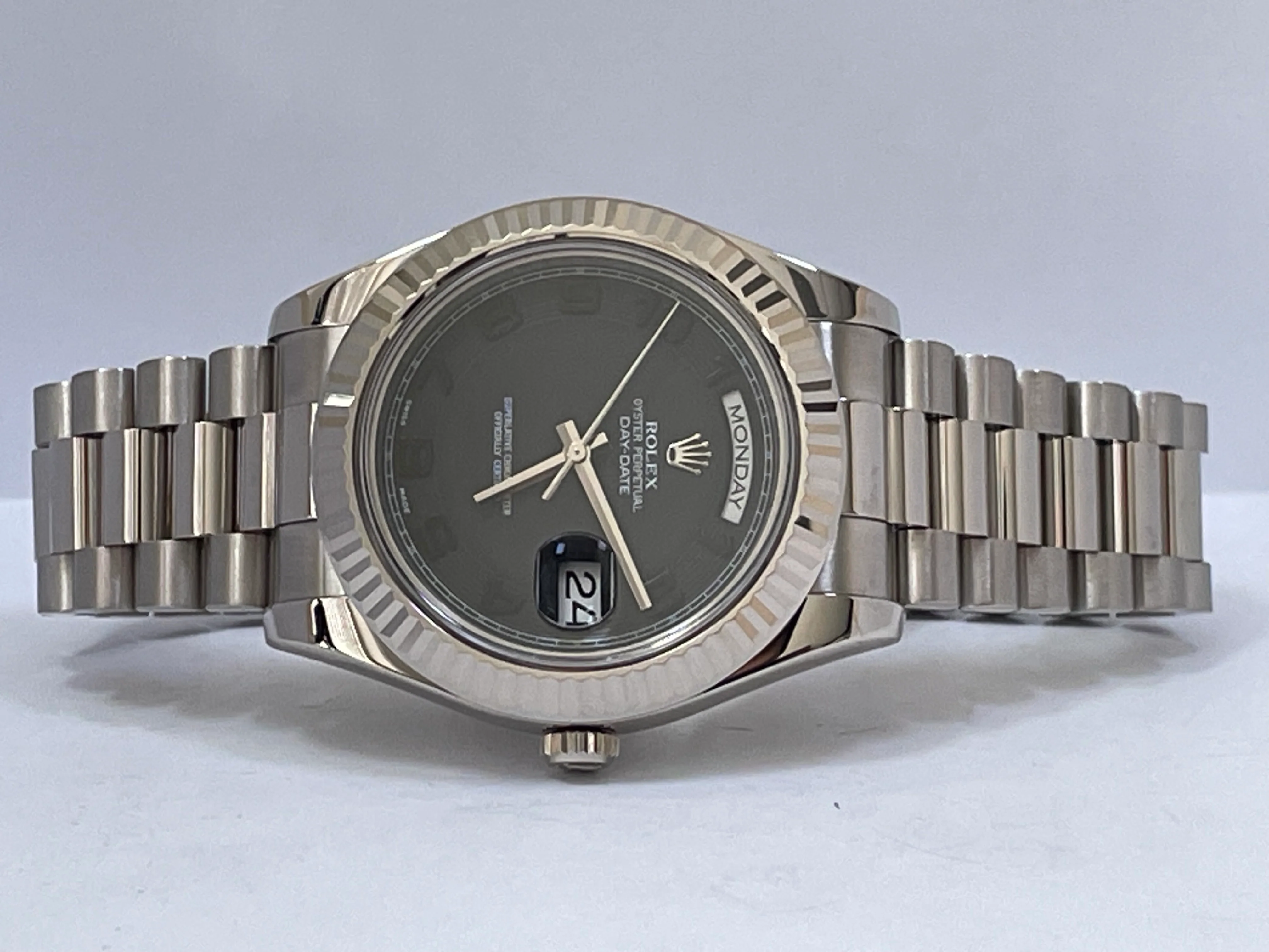 Rolex White Gold Day-Date II - 2017 - Fluted Bezel - Black Concentric Dial - President Bracelet - 218239