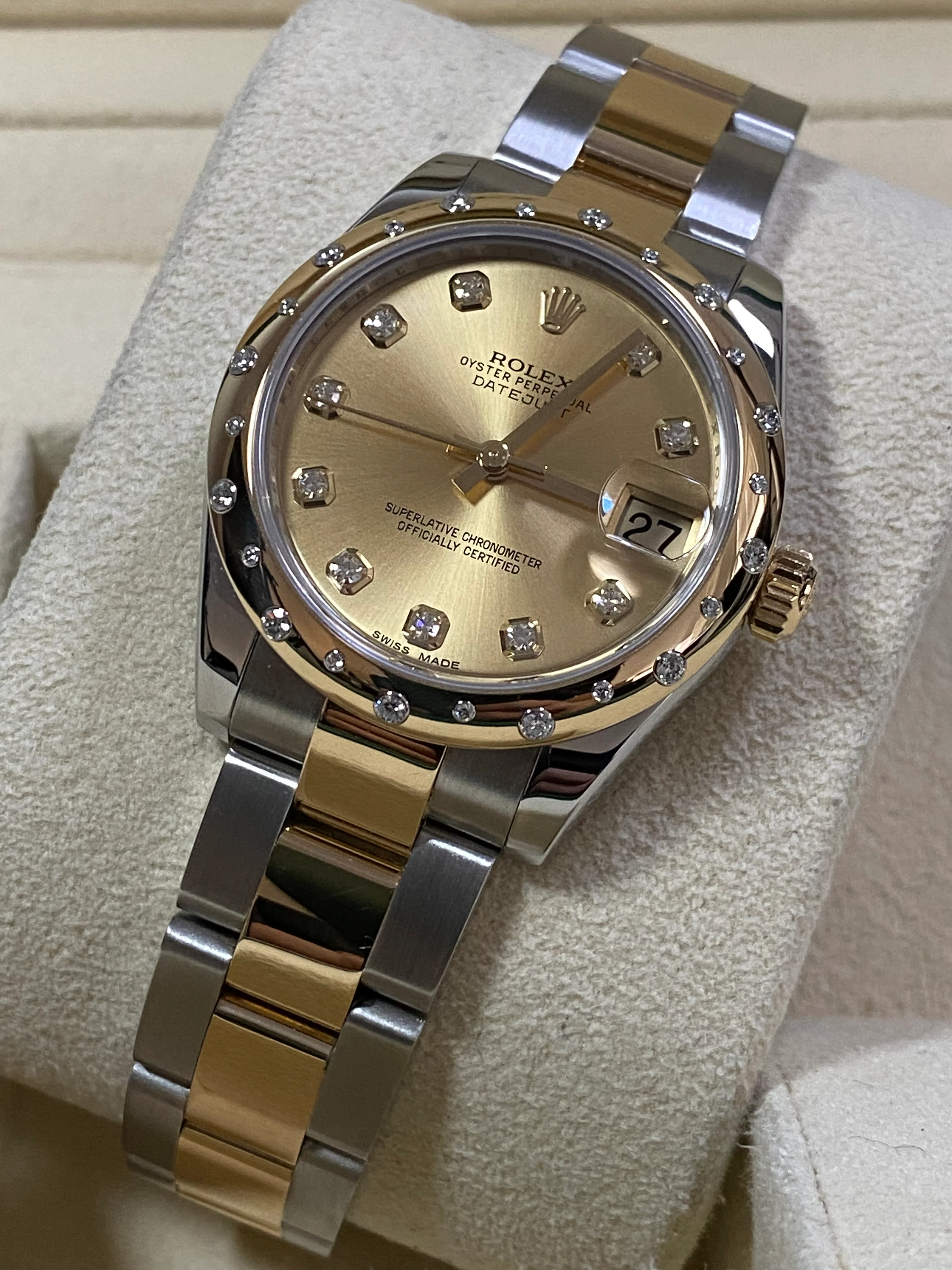 Rolex Steel and Yellow Gold Datejust 31 - 2015 - 24 Diamond Bezel - Champagne Diamond Dial - Oyster Bracelet - 178343
