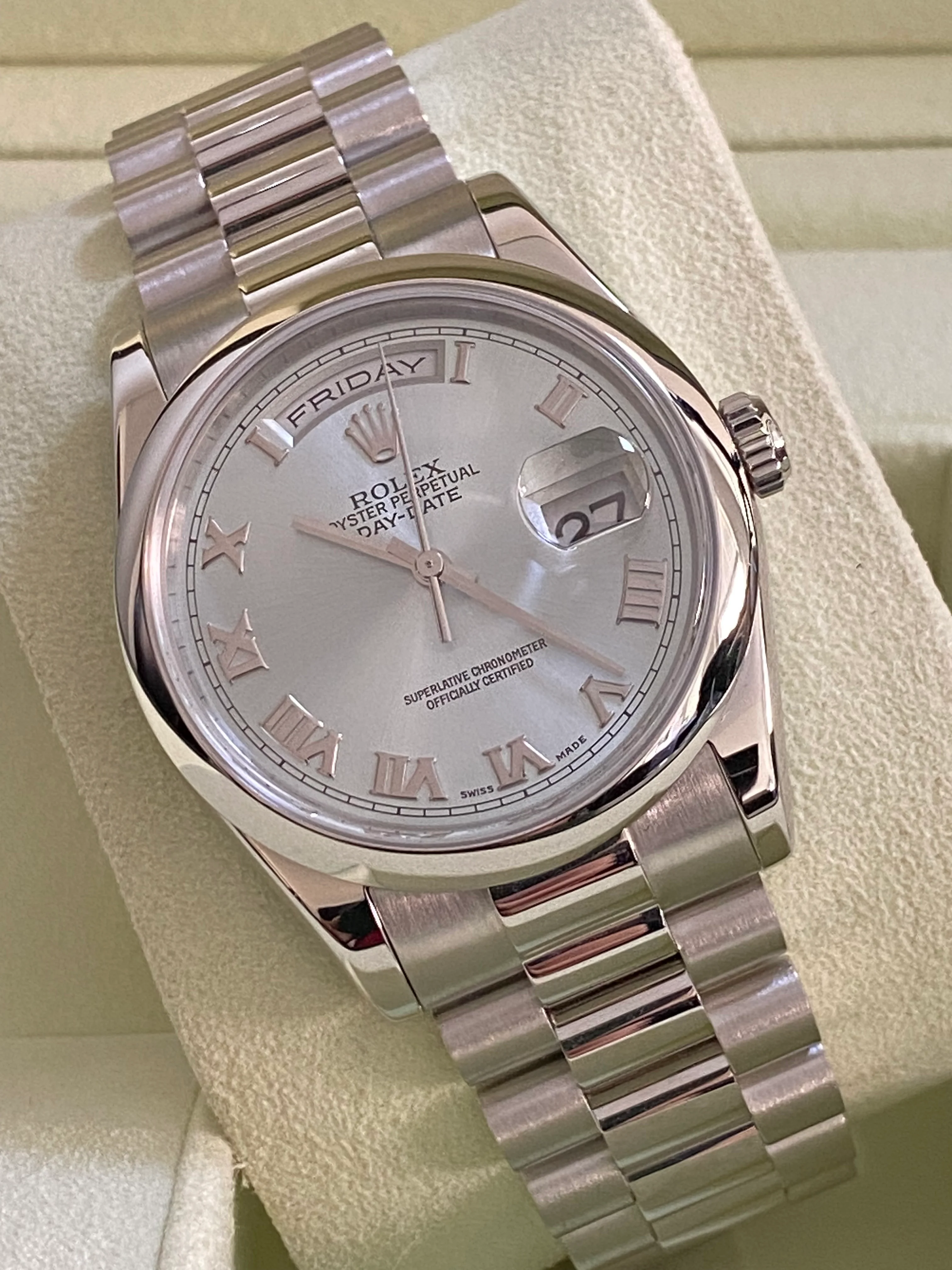 Rolex Platinum Day-Date 36 - K serial - Domed Bezel - Ice Blue Roman Dial - President Bracelet - 118206
