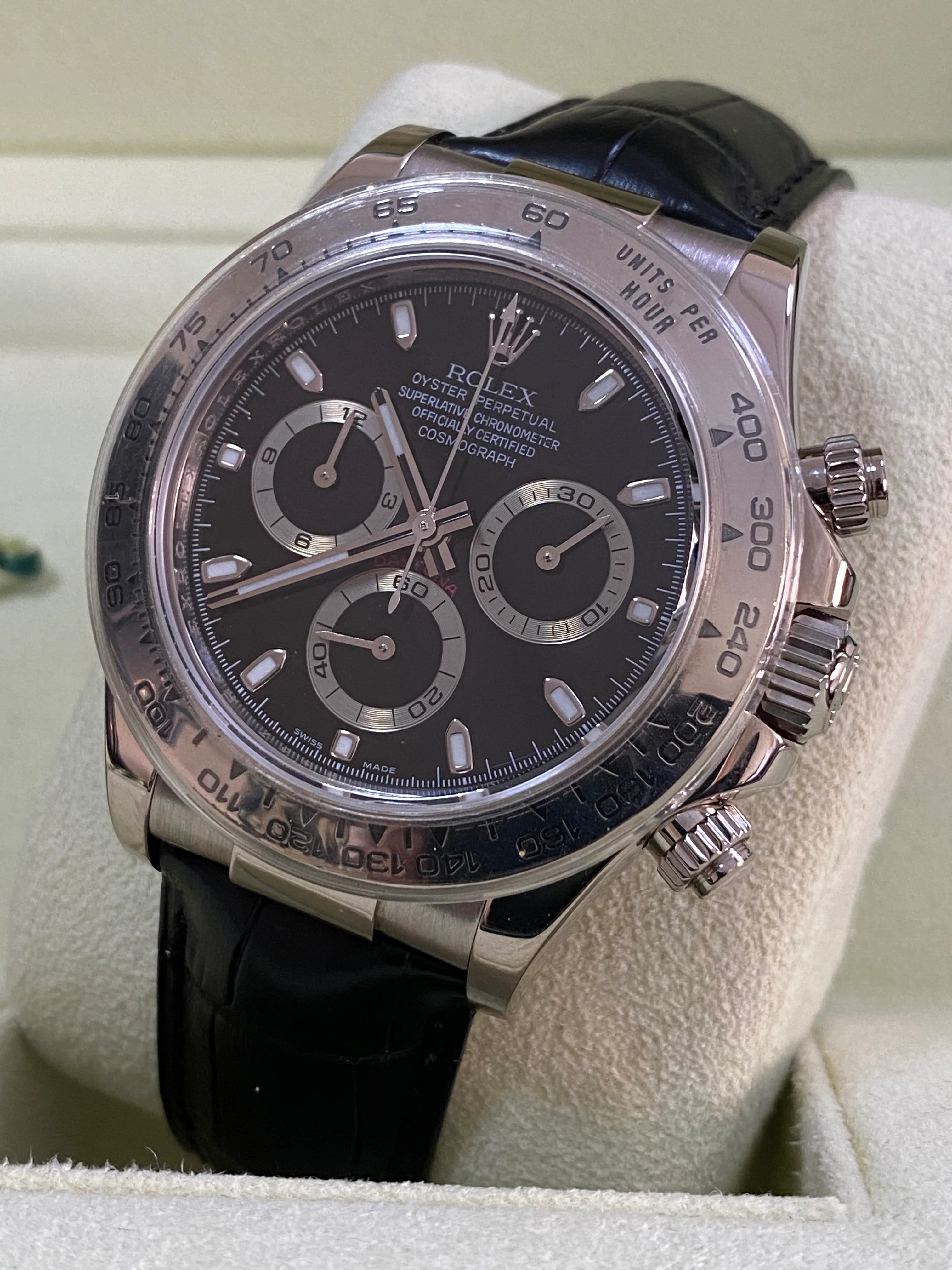 Rolex White Gold Cosmograph Daytona - 2007 - Black Dial - New Black Leather Strap - 116519 FULL SET