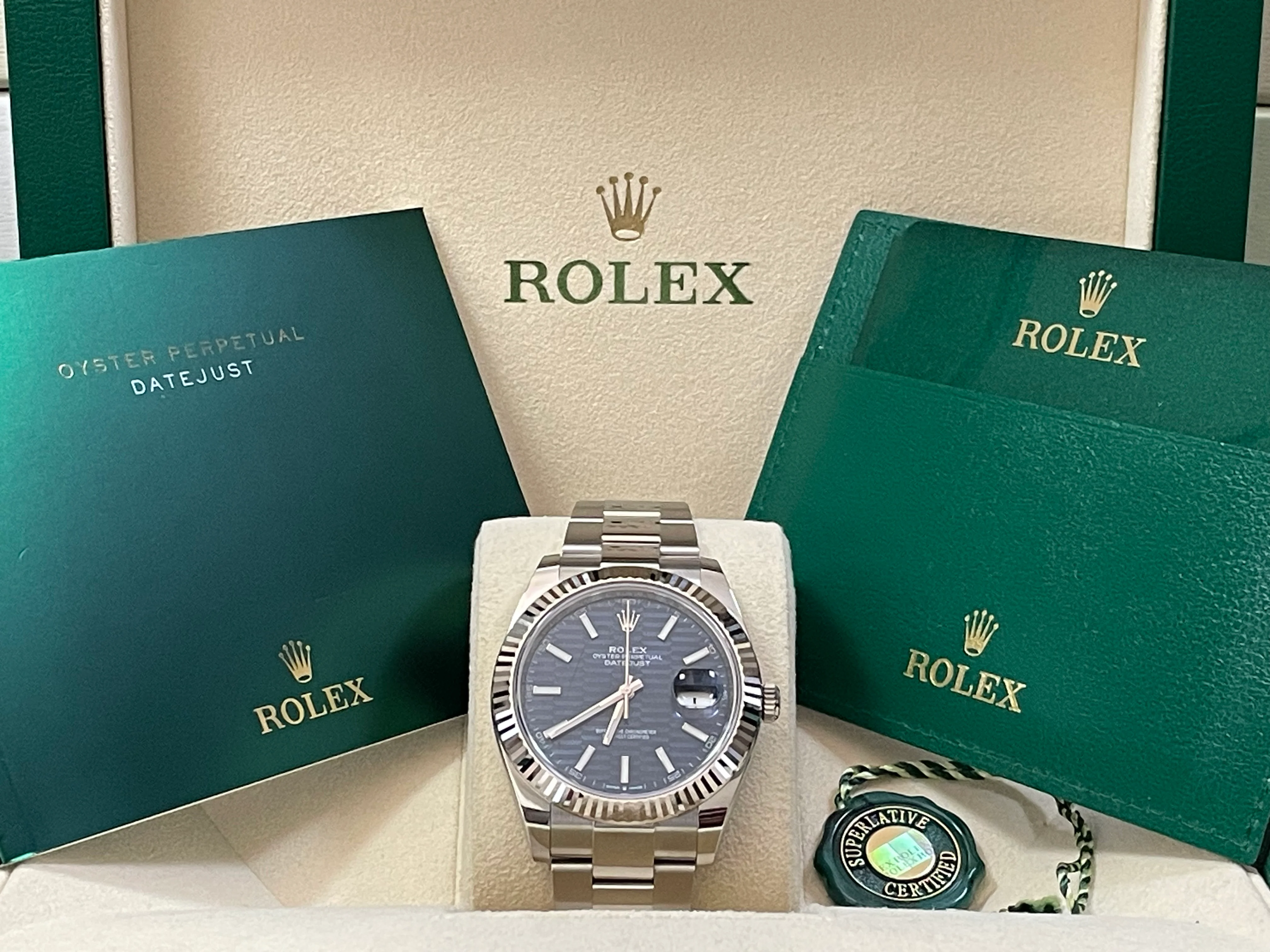 Rolex Steel Datejust 41 - 2023 - Fluted Bezel - Bright Blue Fluted-Motif Dial - Oyster Bracelet - 126334