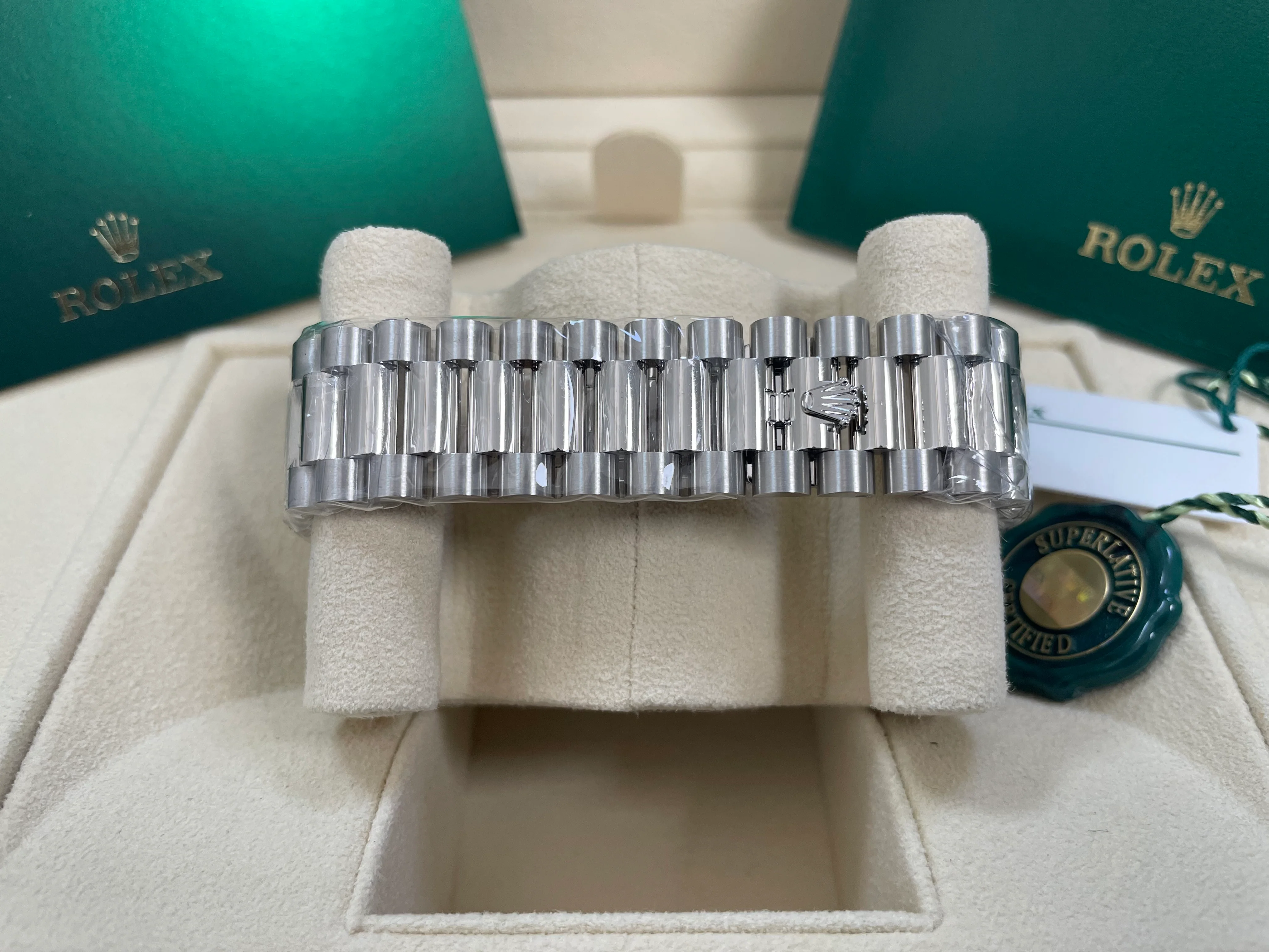 Rolex Platinum Day-Date 40 -  2023 - Fluted Bezel - Ice Blue Baguette Diamond Dial - President Bracelet - 228236