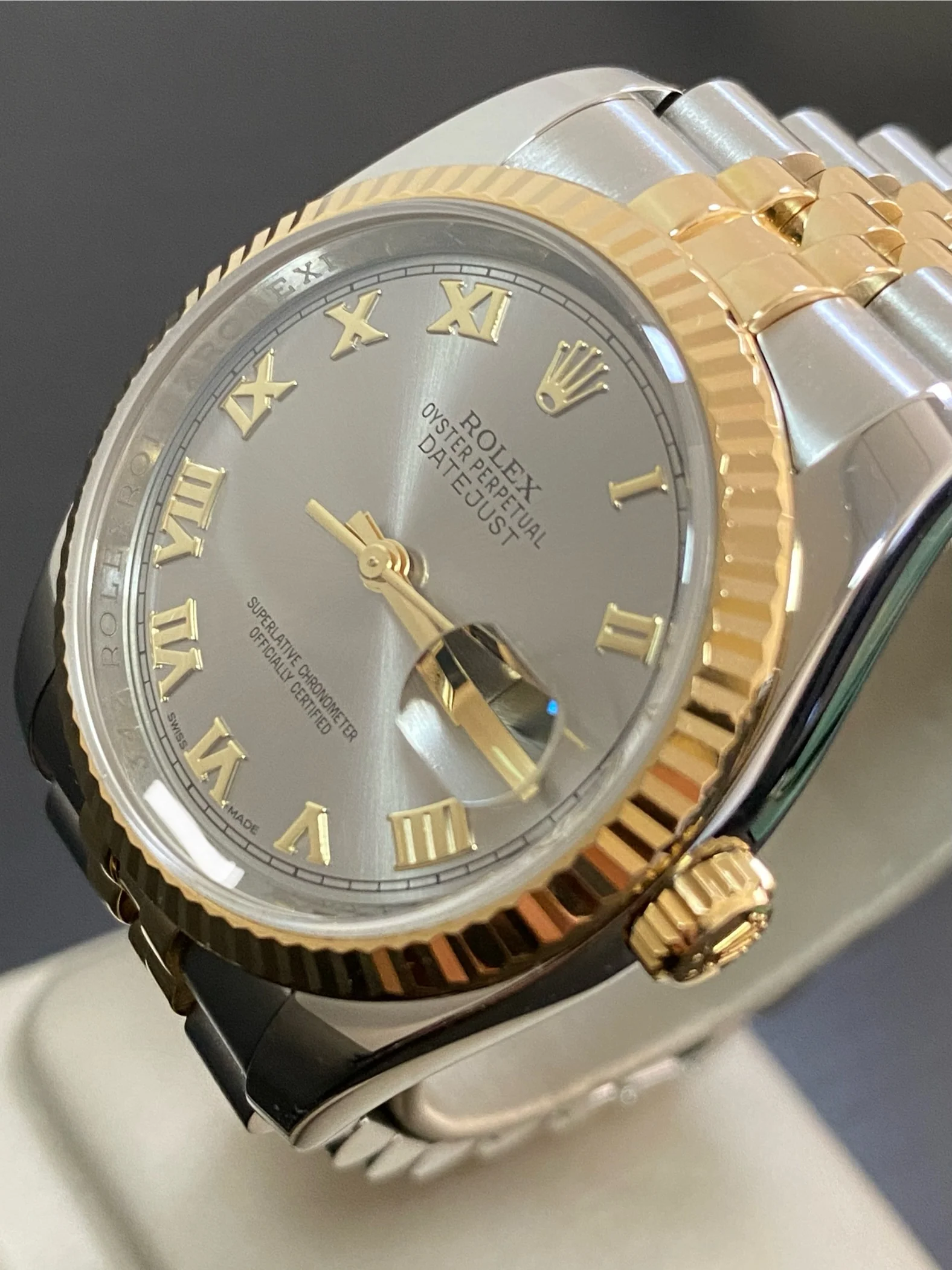 Rolex Steel and Yellow Gold Datejust 36 - 2014 - Fluted Bezel - Slate Grey Roman Dial - Jubilee Bracelet - 116233 *FULL SET*