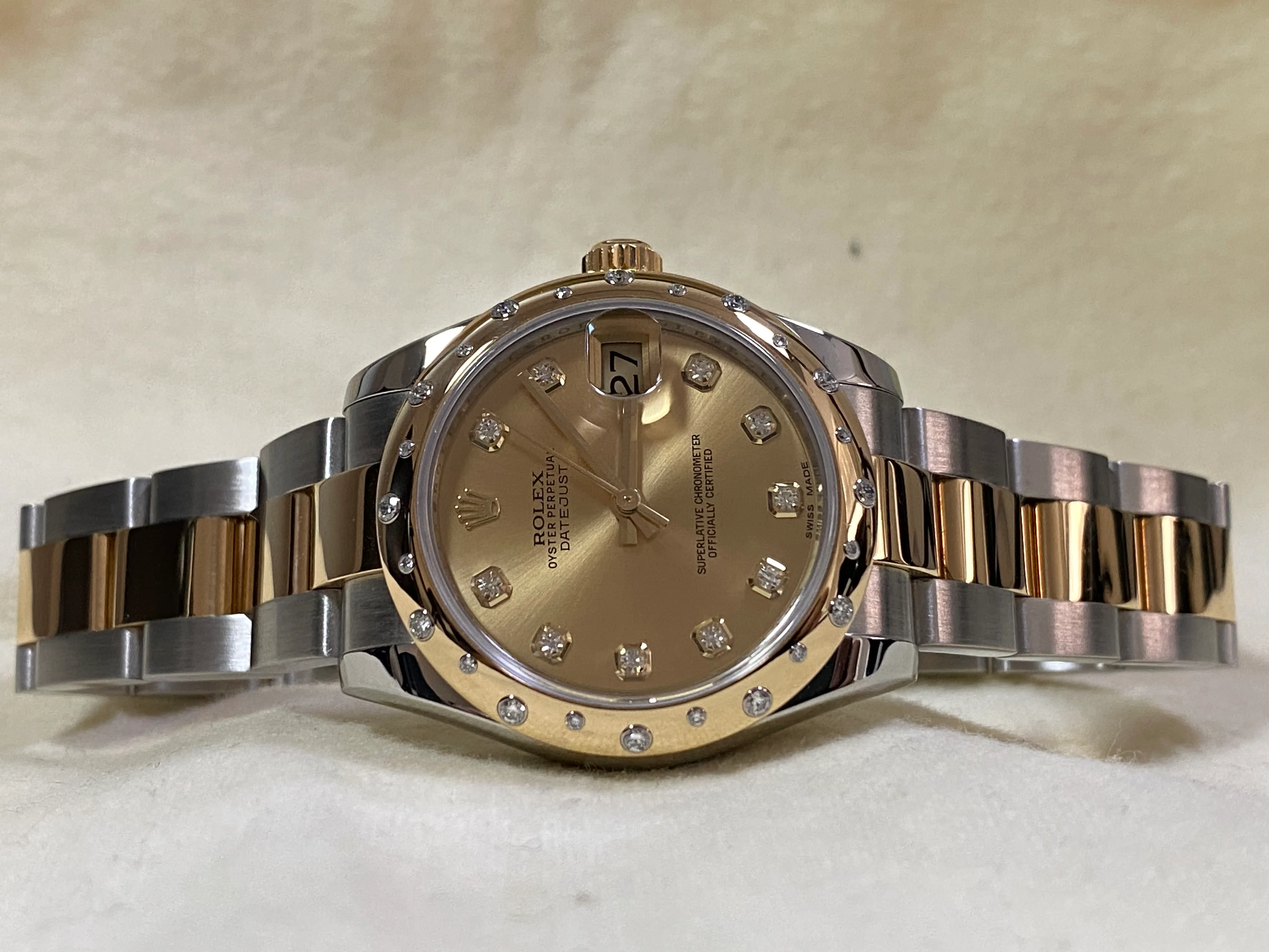 Rolex Steel and Yellow Gold Datejust 31 - 2015 - 24 Diamond Bezel - Champagne Diamond Dial - Oyster Bracelet - 178343