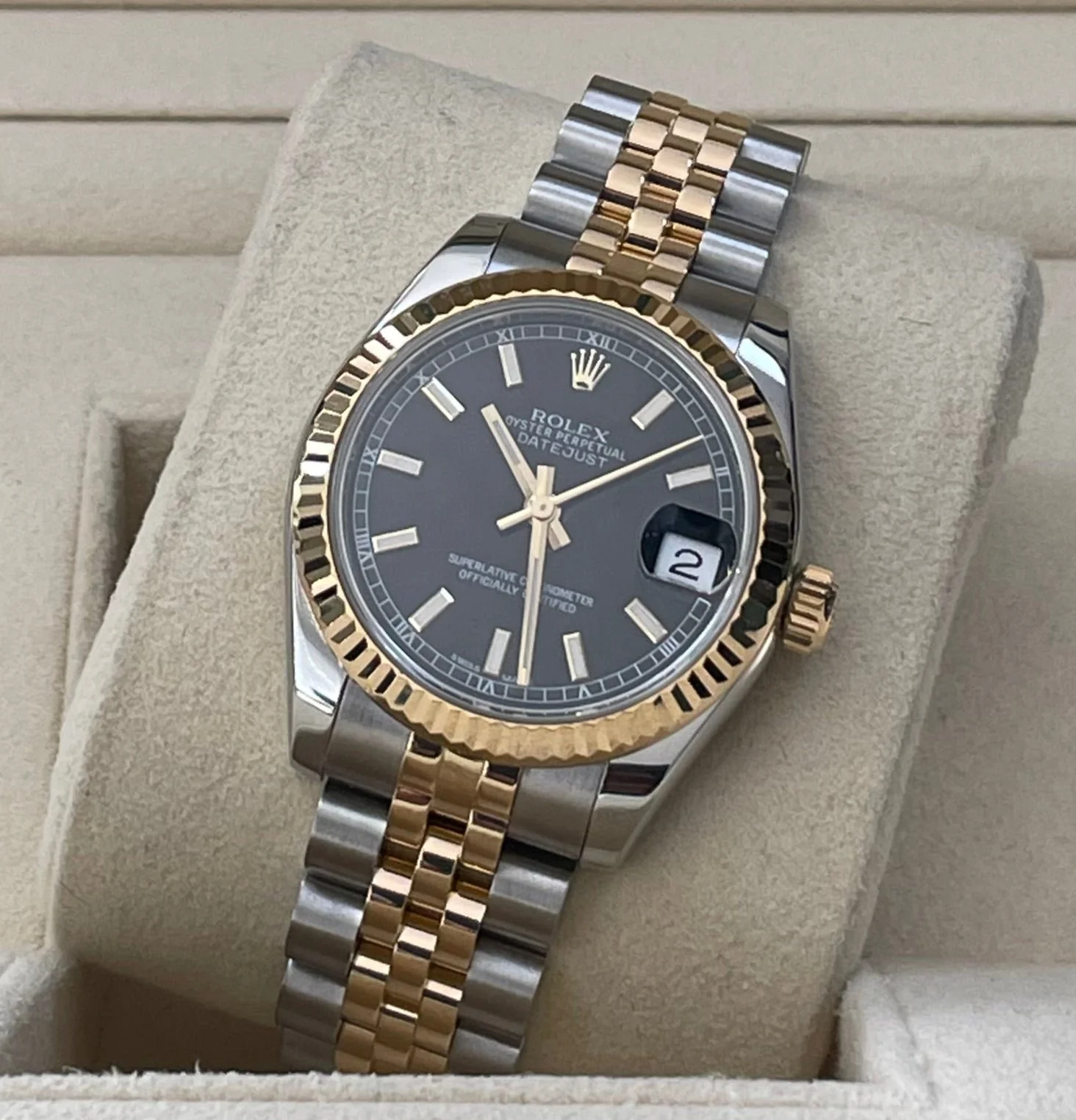 Rolex Steel and Yellow Gold Datejust 31 - 2016 - Fluted Bezel - Black Index Dial - Jubilee Bracelet - 178273 COMPLETE SET