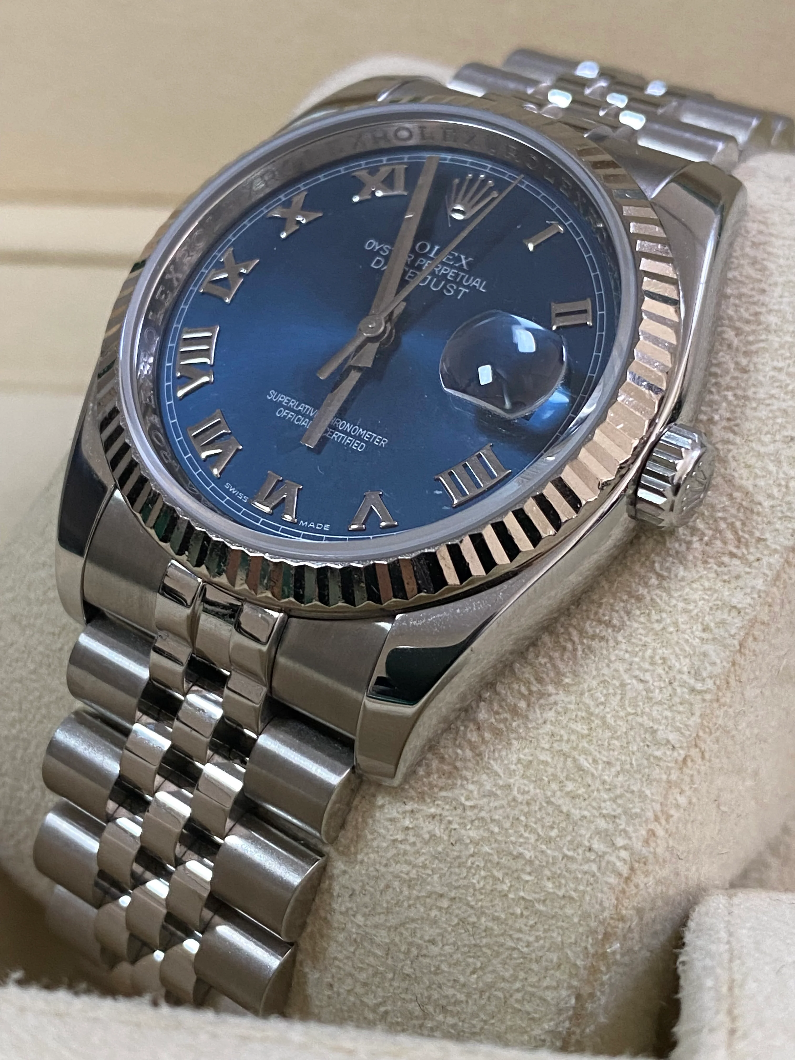 Rolex Steel Datejust 36 - 2007 - Fluted Bezel - Blue Roman Dial - Jubilee Bracelet - 116234