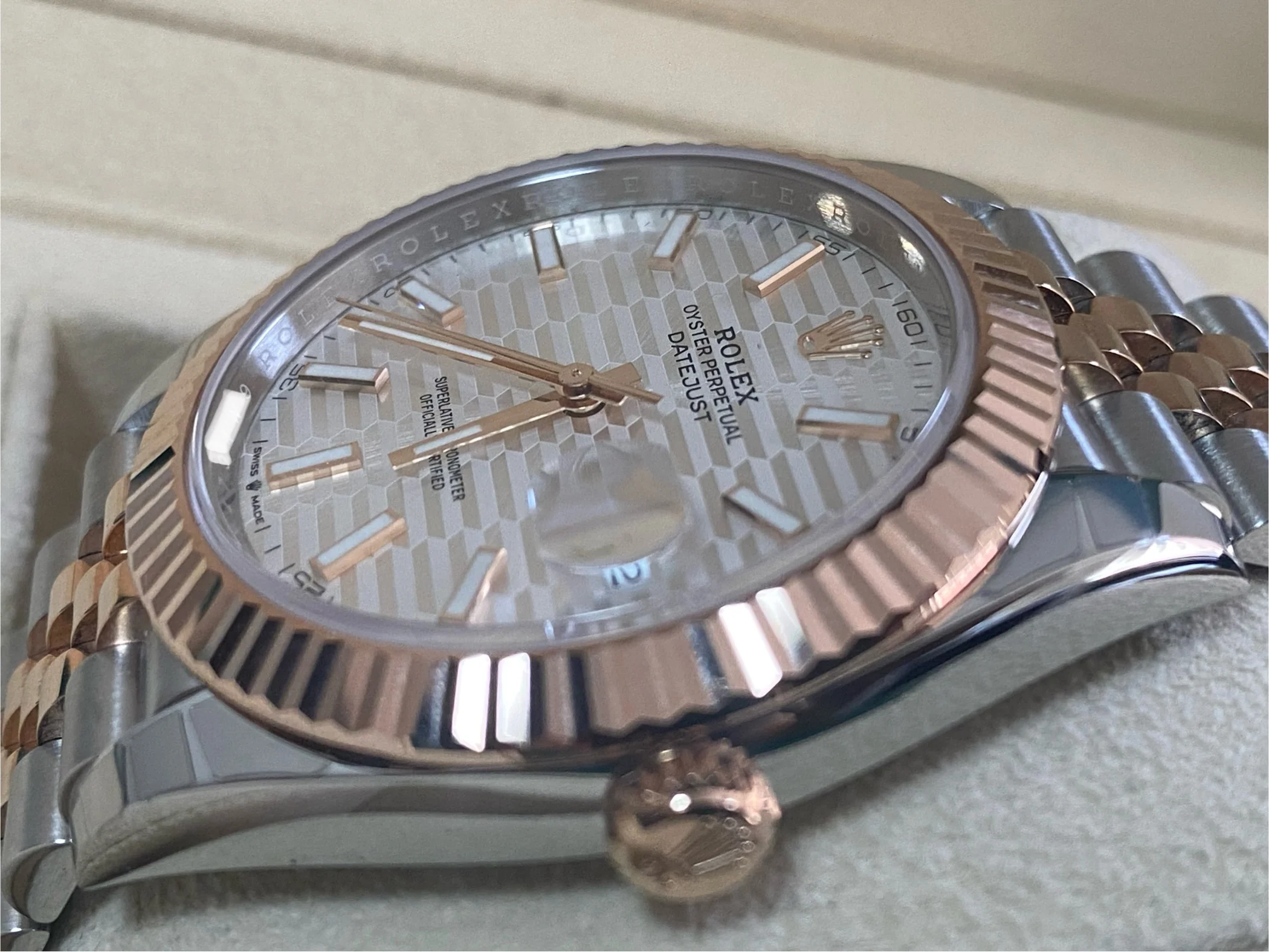 Rolex Steel and Everose Gold Datejust 41 - 2023 - Fluted Bezel - Silver Fluted-Motif Dial - Jubilee Bracelet - 126331 *PARTIAL STICKERS*