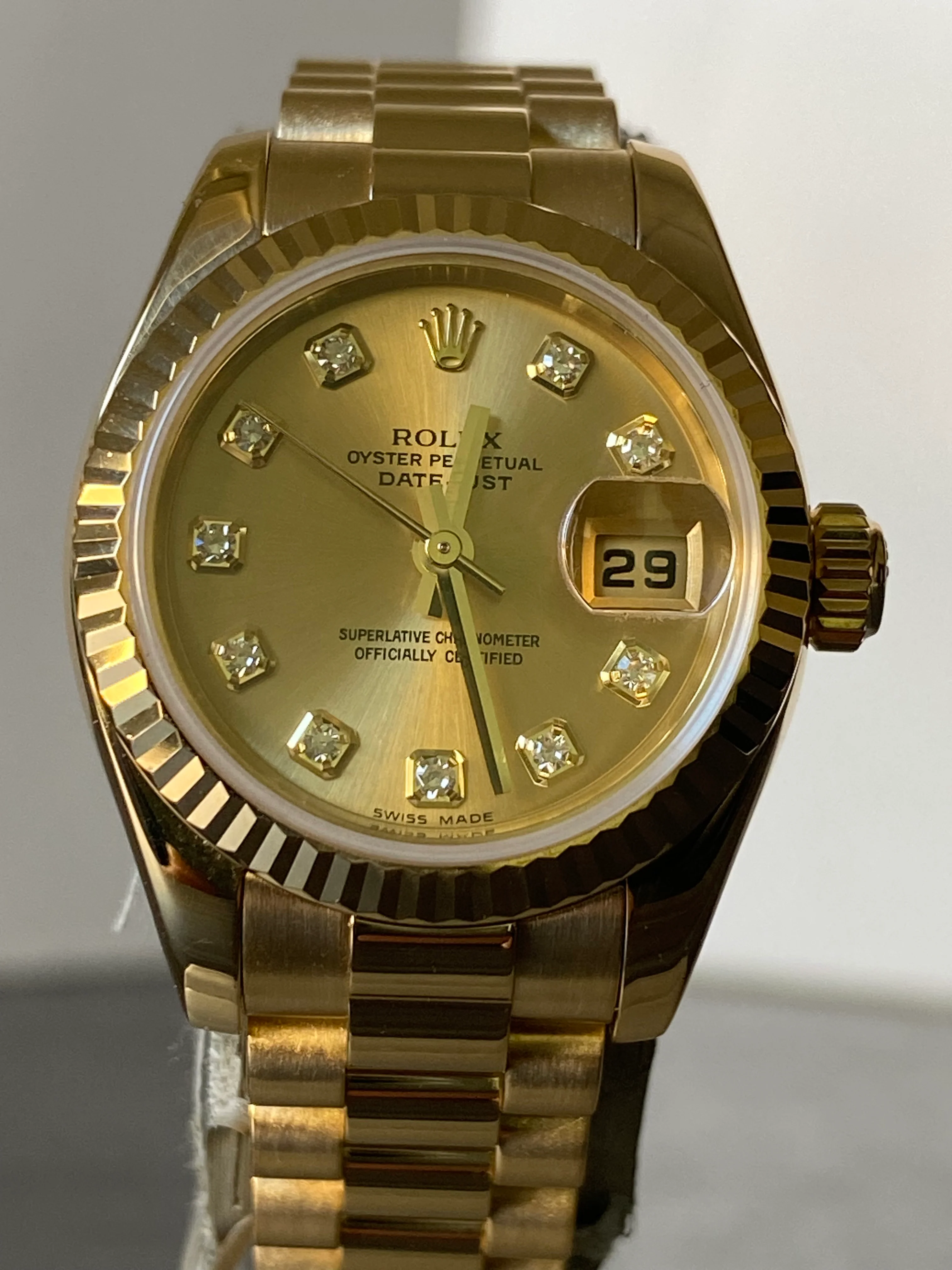 Rolex Yellow Gold Lady-Datejust - F Serial - Fluted Bezel - Factory Diamond Dial - President Bracelet - 179178