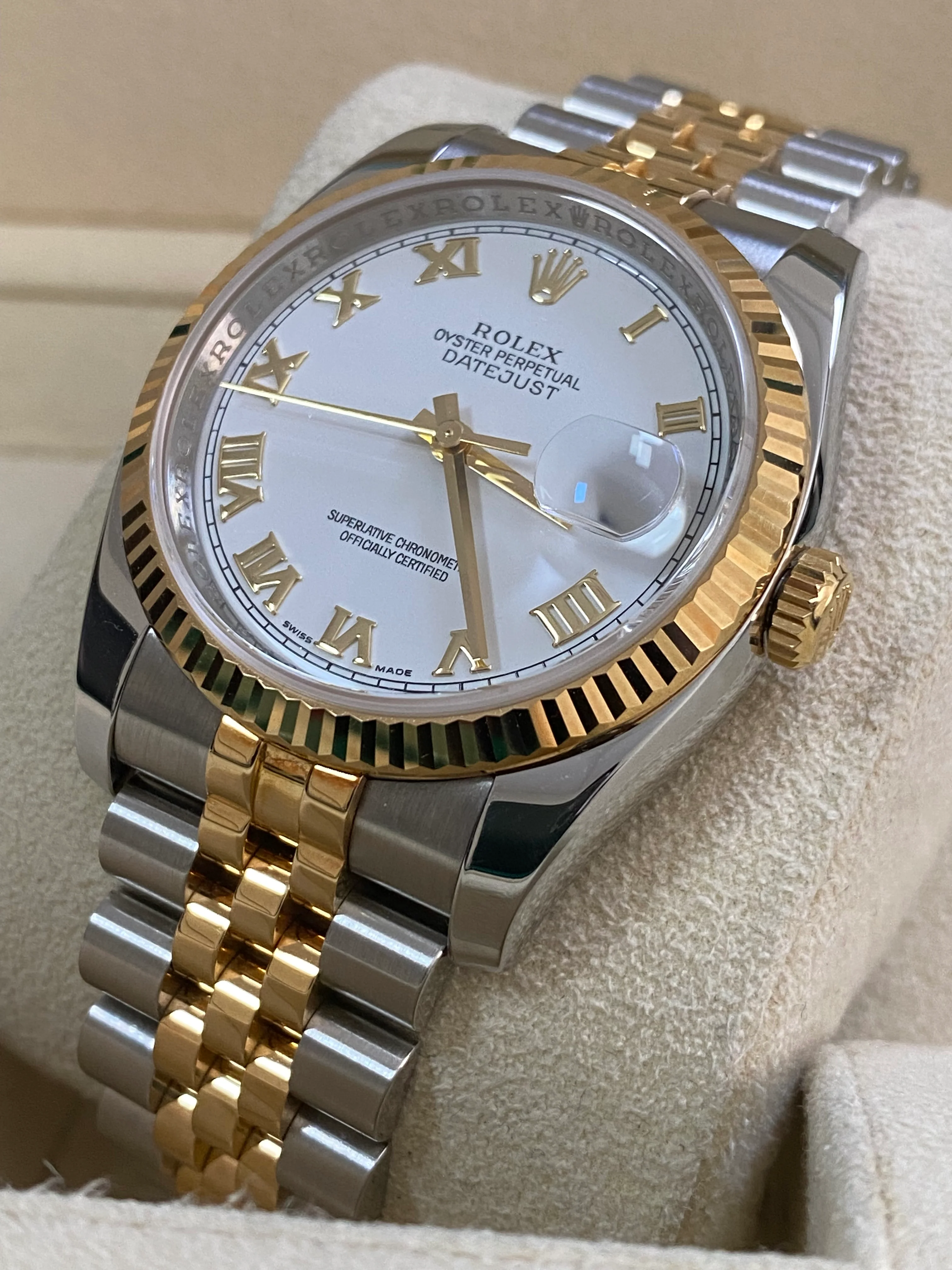 Rolex Steel and Yellow Gold Datejust 36 - 2017 - Fluted Bezel - White Roman Dial - Jubilee Bracelet - 116233 *UNPOLISHED*