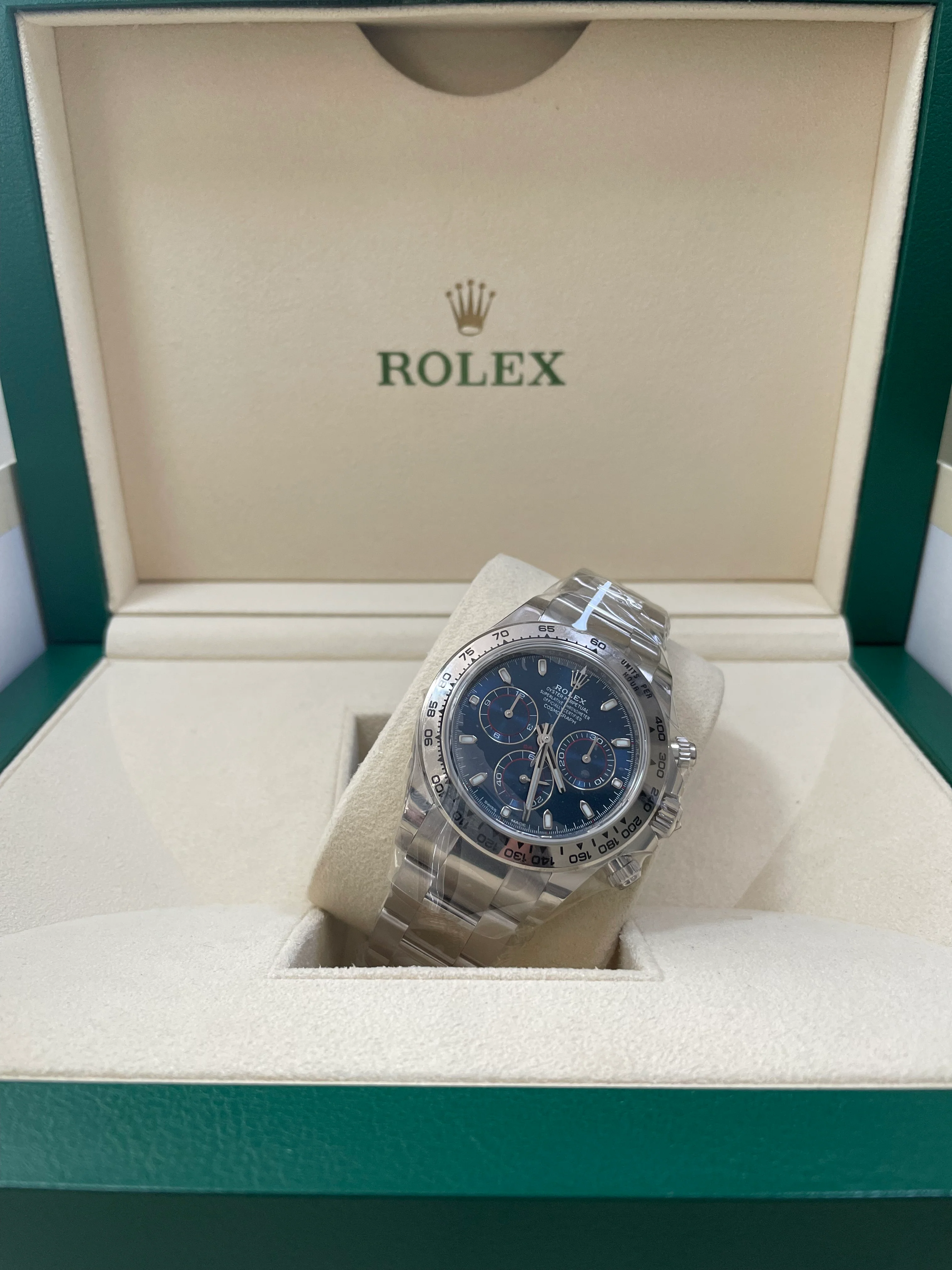 Rolex White Gold Cosmograph Daytona - 2023 - Blue Index Dial - 116509 *PARTIAL STICKERS*