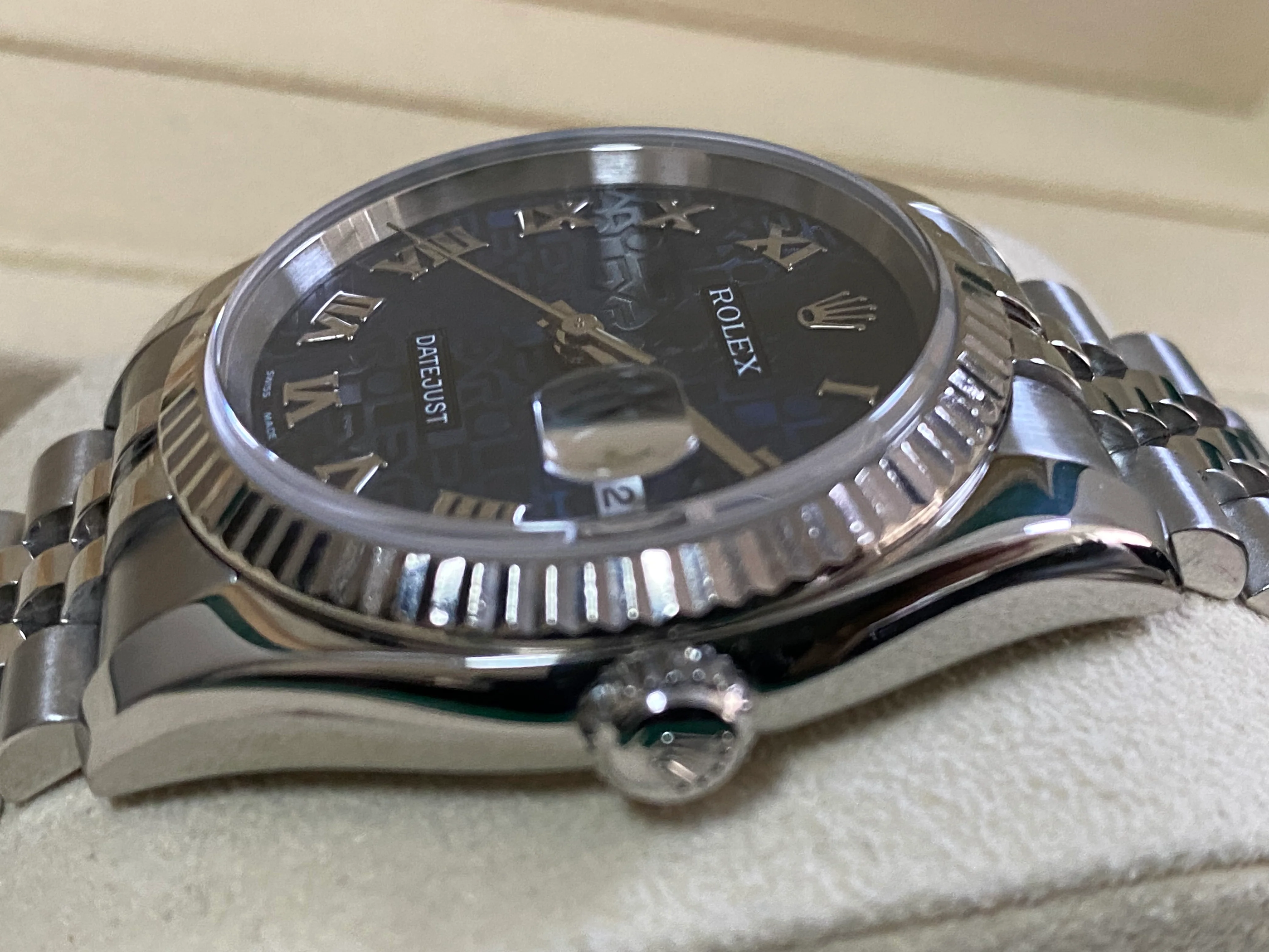 Rolex Steel Datejust 36 - D serial - Fluted Bezel - Anniversary Blue Roman Dial - Jubilee Bracelet - 116234