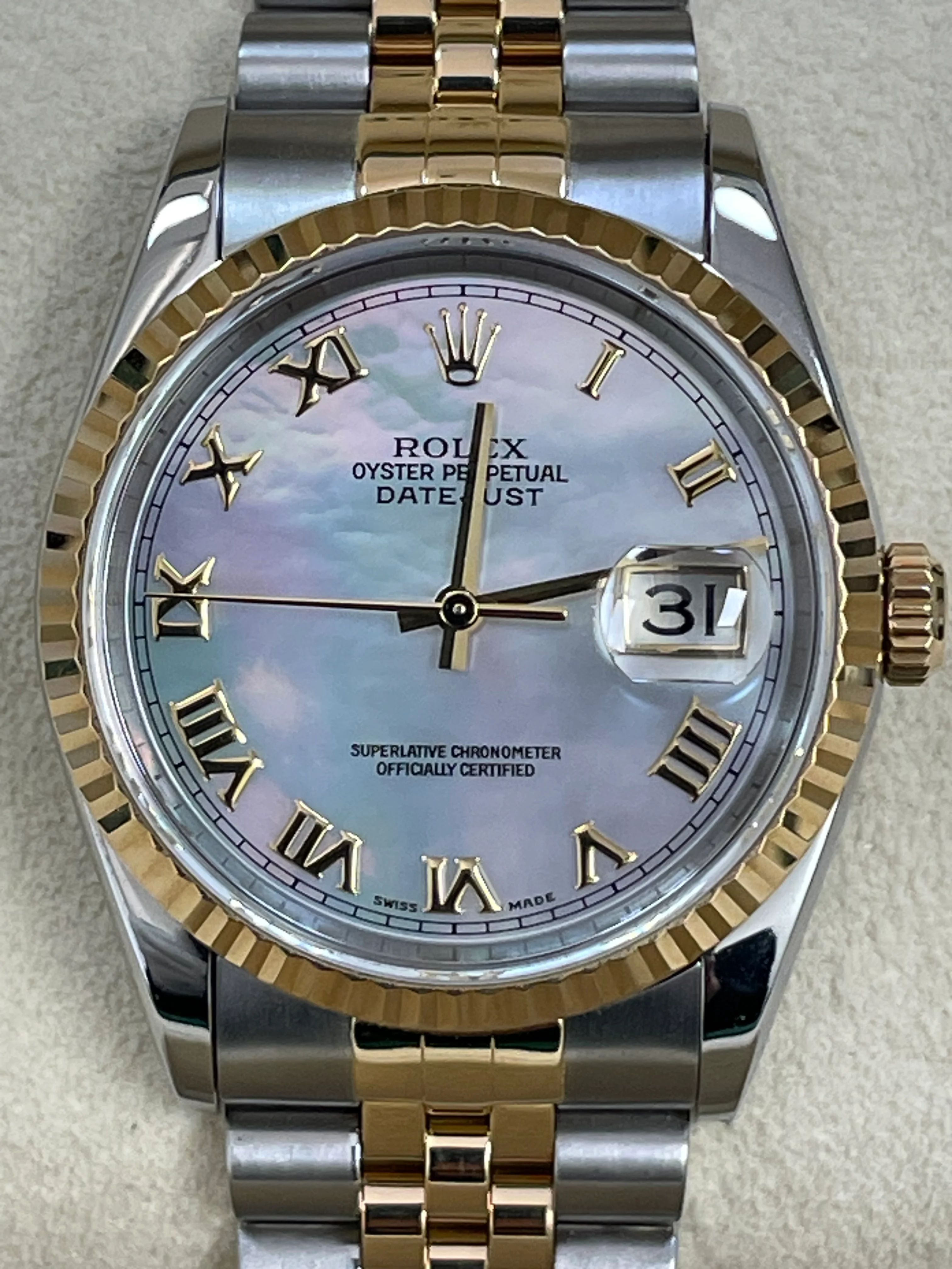 Rolex Steel and Yellow Gold Datejust 36 - U Serial - Fluted Bezel - Mother of Pearl Roman Dial - Jubilee Bracelet - 16233