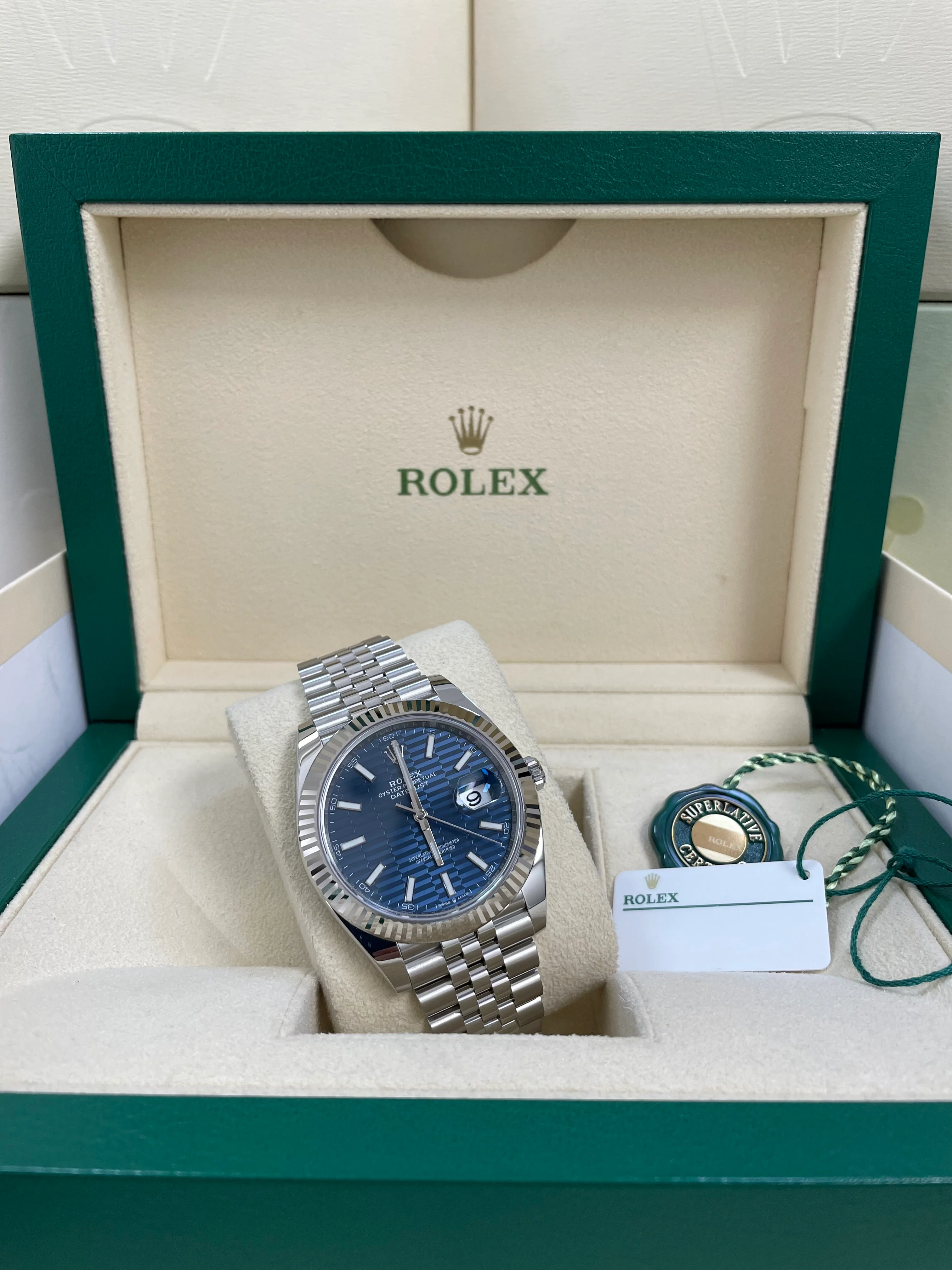 Rolex Steel and White Gold Datejust 41 - 2023 - Fluted Bezel - Bright Blue Motif Dial - Jubilee Bracelet - 126334