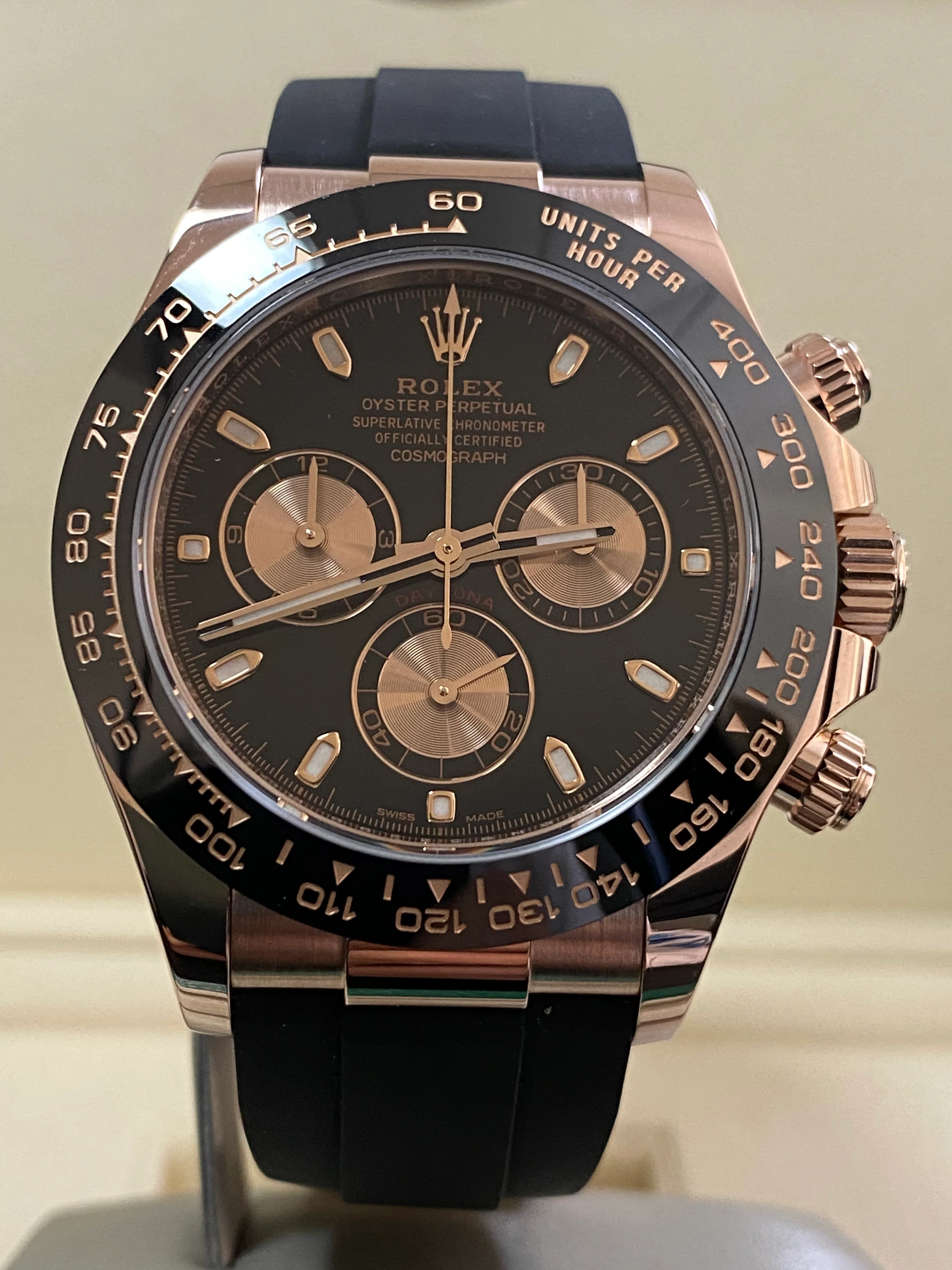 Rolex Everose Gold Cosmograph Daytona - 2022 - Black Index Dial - Black Oysterflex Strap - 116515LN