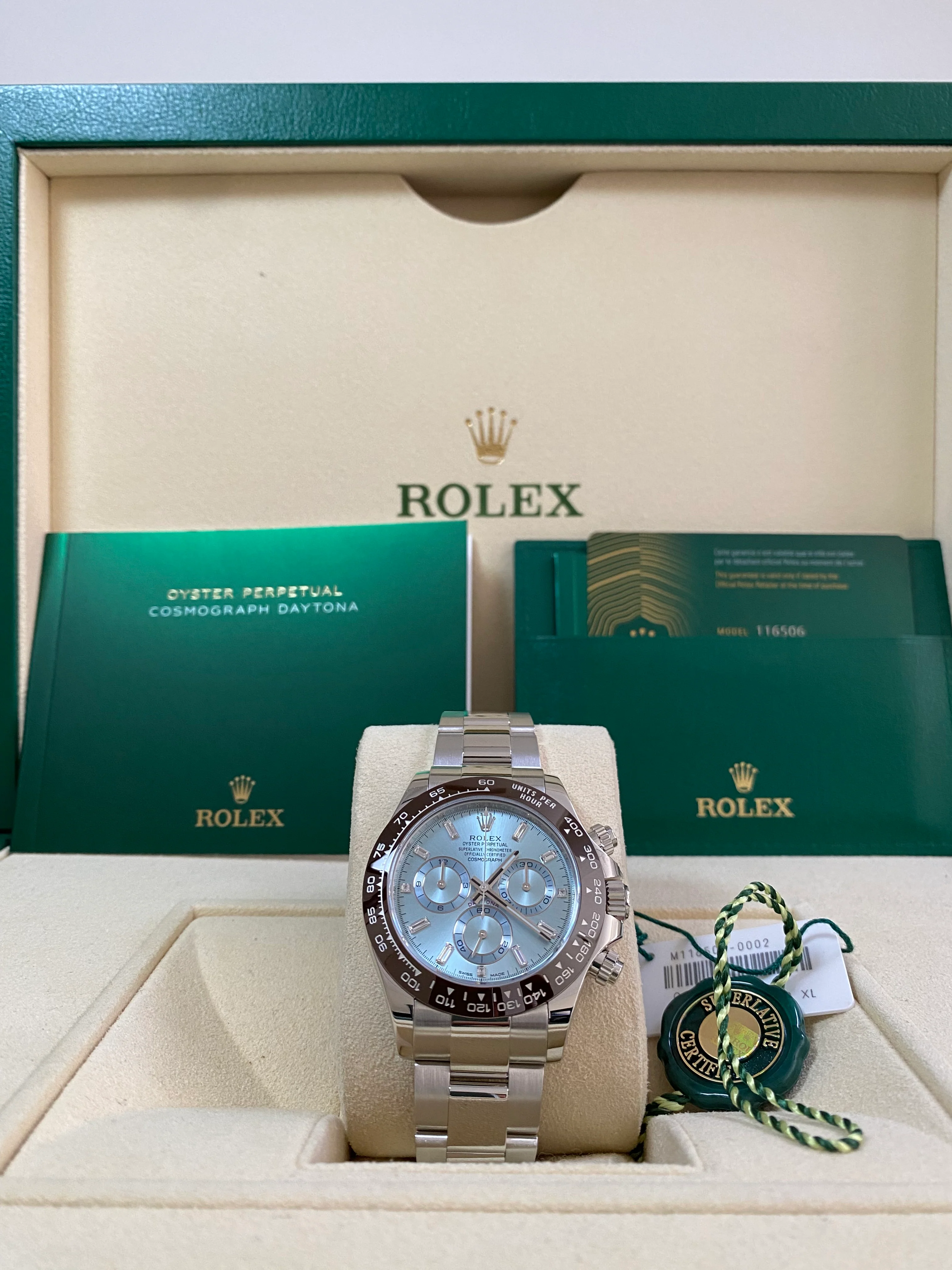 Rolex Platinum Cosmograph Daytona - 2023 - Ice Blue Baguette Diamond Dial - 116506A *FULL SET*