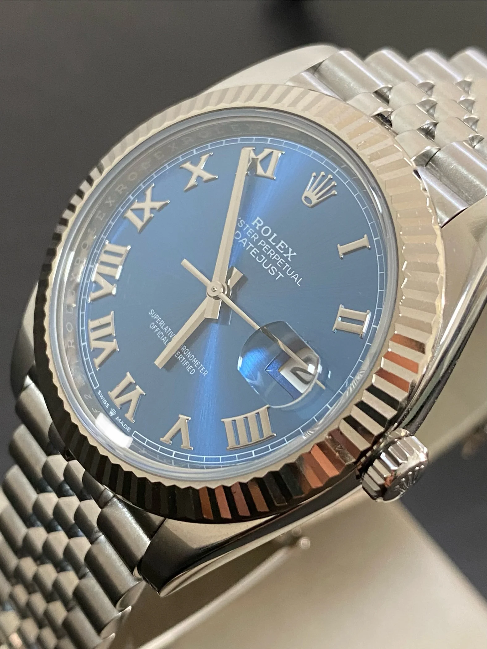 Rolex Steel and White Gold Datejust 41 - Fluted Bezel - Bright Blue Roman Dial - Jubilee Bracelet - 126334