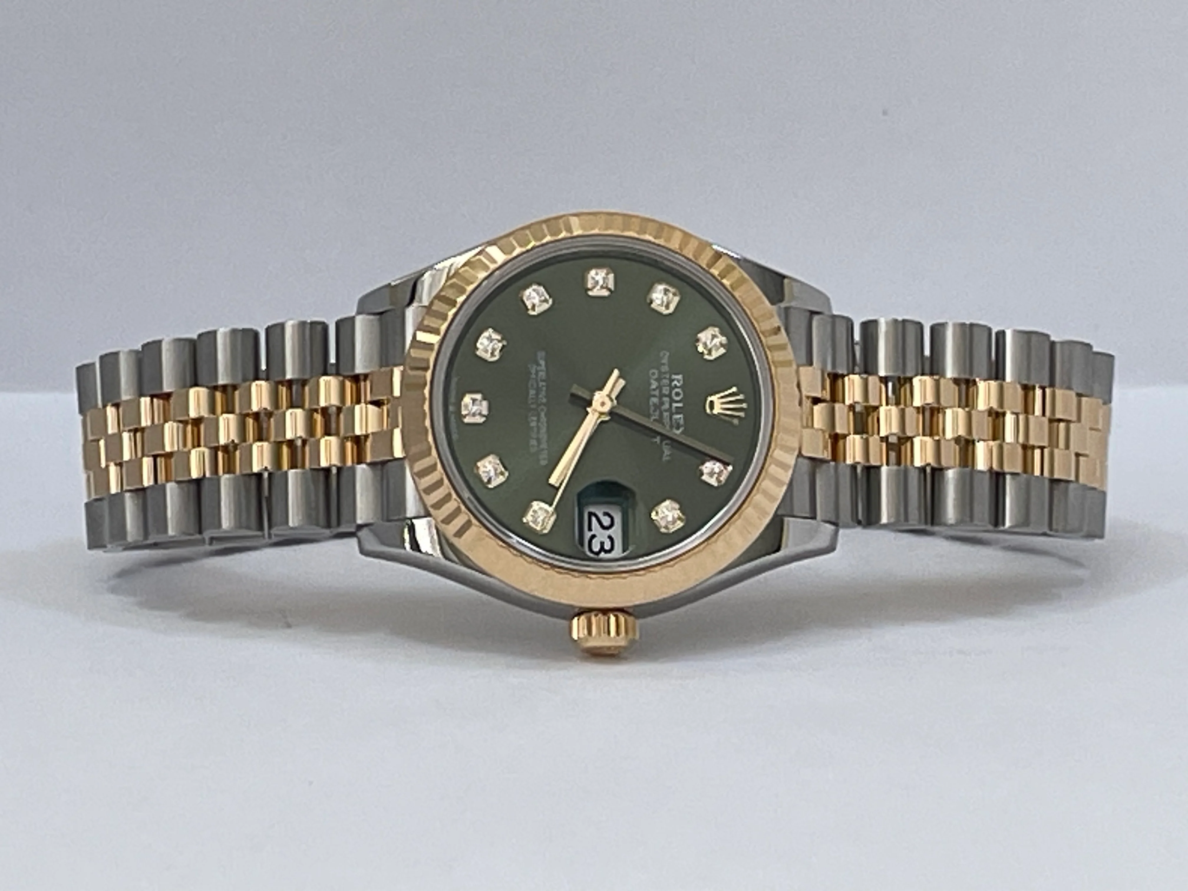 Rolex Steel and Yellow Gold Datejust 31 - 2022 - Fluted Bezel - Olive Green Diamond Dial - Jubilee Bracelet - 278273