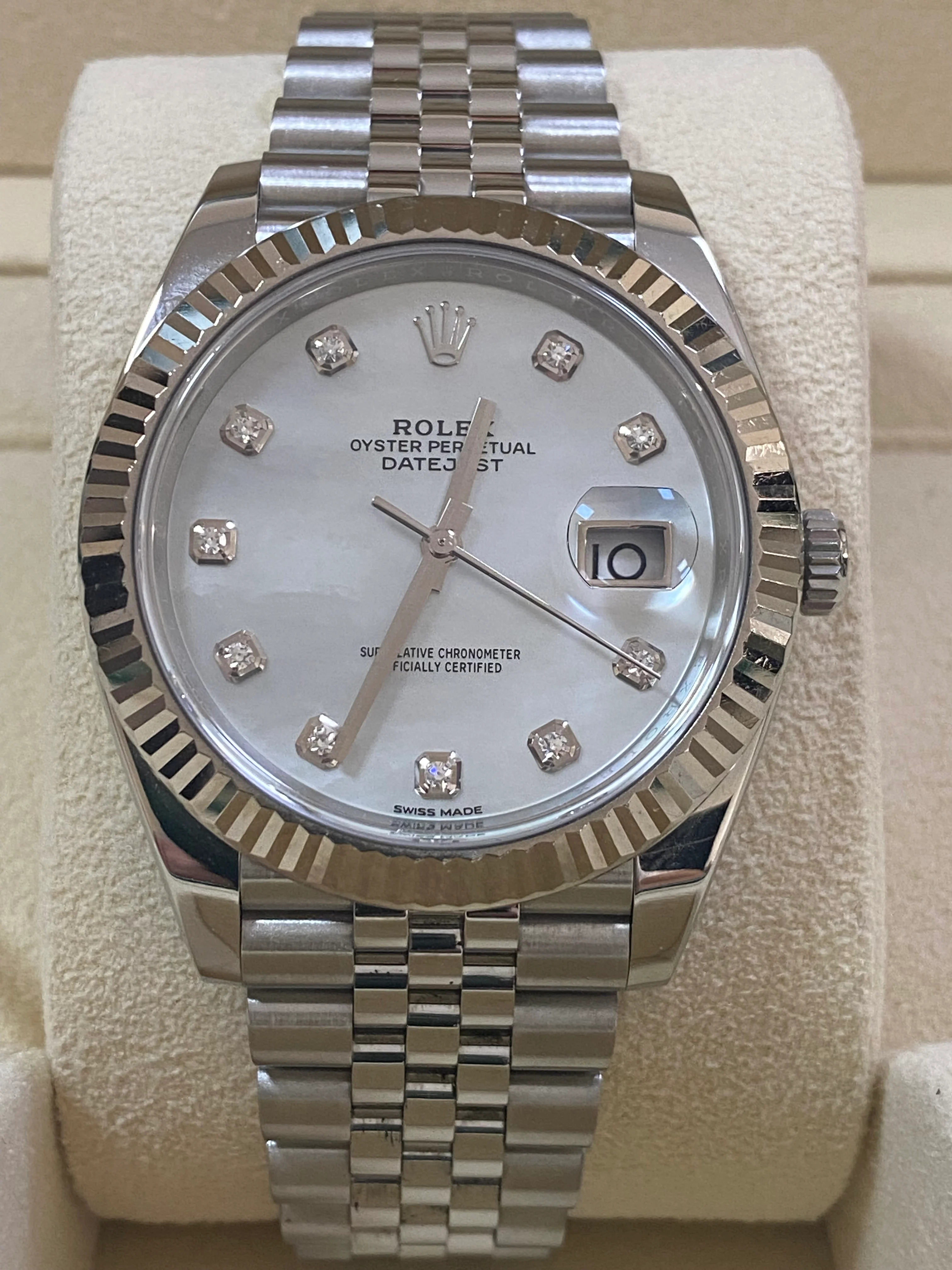 Rolex Steel and White Gold Rolesor Datejust 41 - 2018 - Fluted Bezel - White Mother-Of-Pearl Diamond Dial - Jubilee Bracelet - 126334