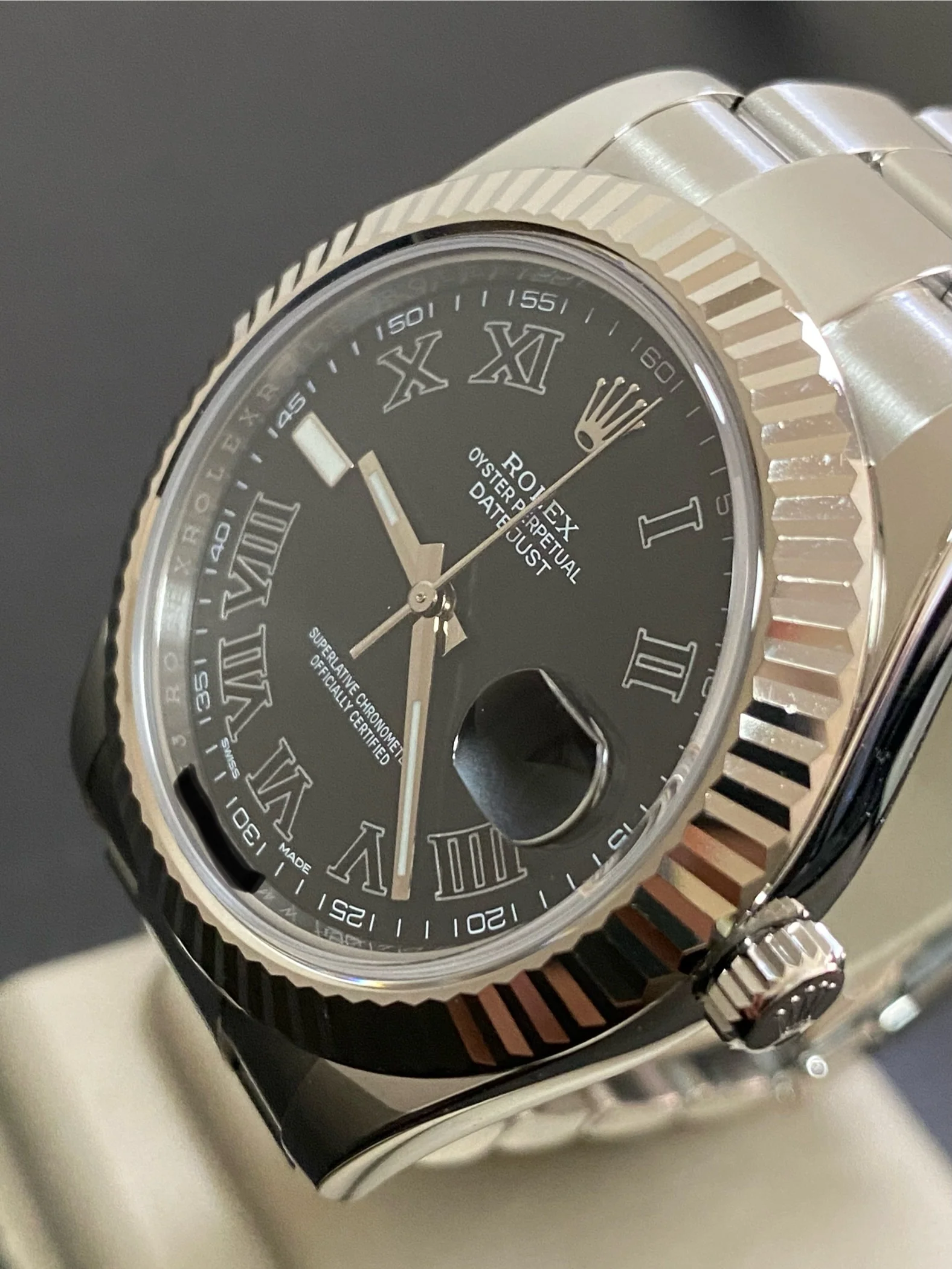 Rolex Steel Datejust II - 2017 - Fluted Bezel - Black Roman Dial - Oyster Bracelet - 116334 *FULL SET*