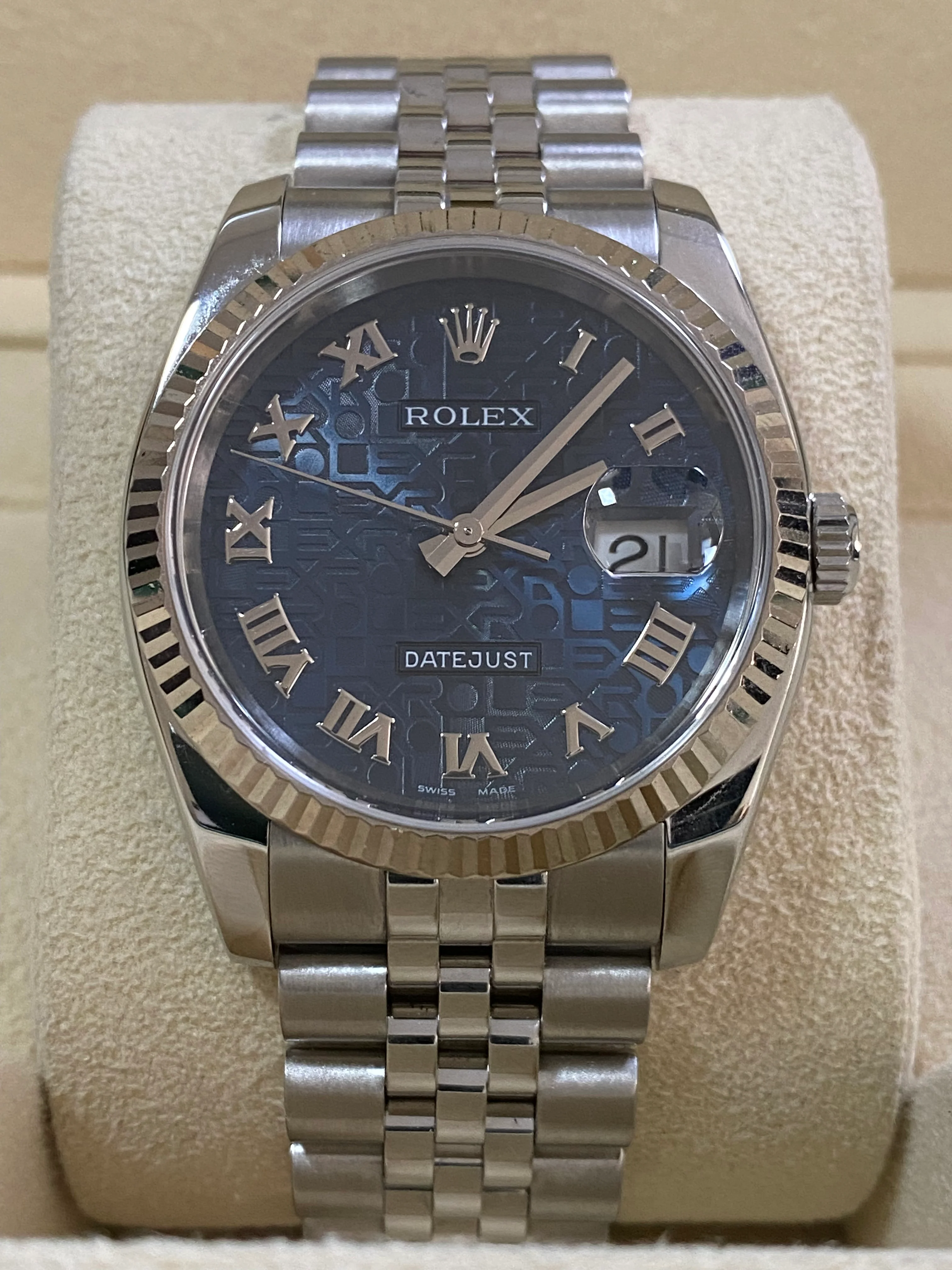 Rolex Steel Datejust 36 - D serial - Fluted Bezel - Anniversary Blue Roman Dial - Jubilee Bracelet - 116234
